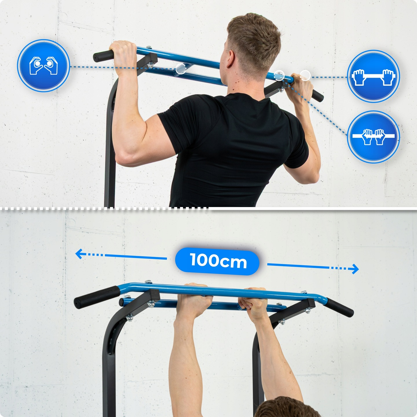 Mann trainiert an einer Klimmzugstange, 100cm Breite angezeigt.