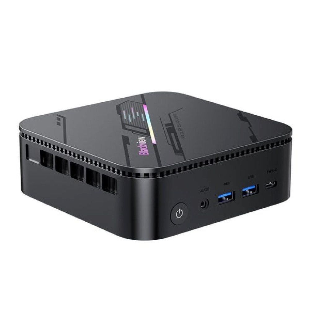 Czarny mini PC z otworami wentylacyjnymi, przyciskiem zasilania, gniazdem audio, portami USB i portem Type-C.