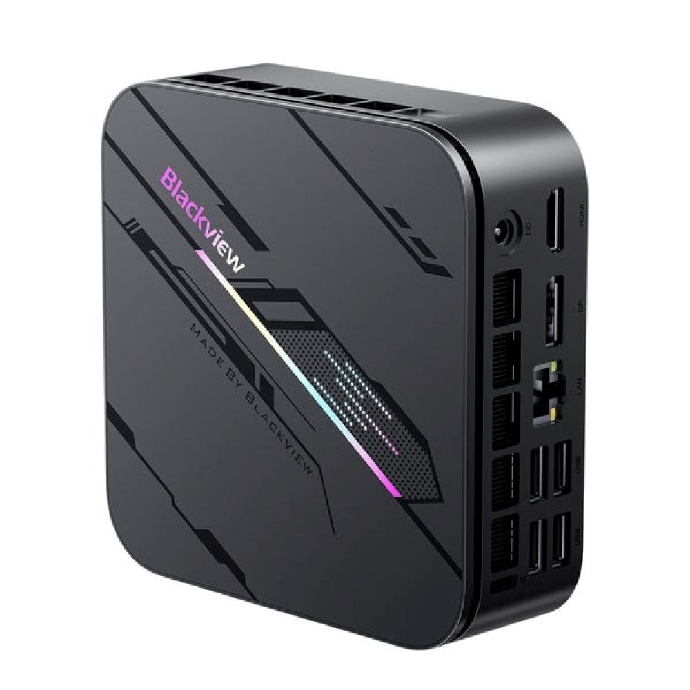 Czarny mini PC Blackview z wieloma portami i geometrycznymi wzorami.