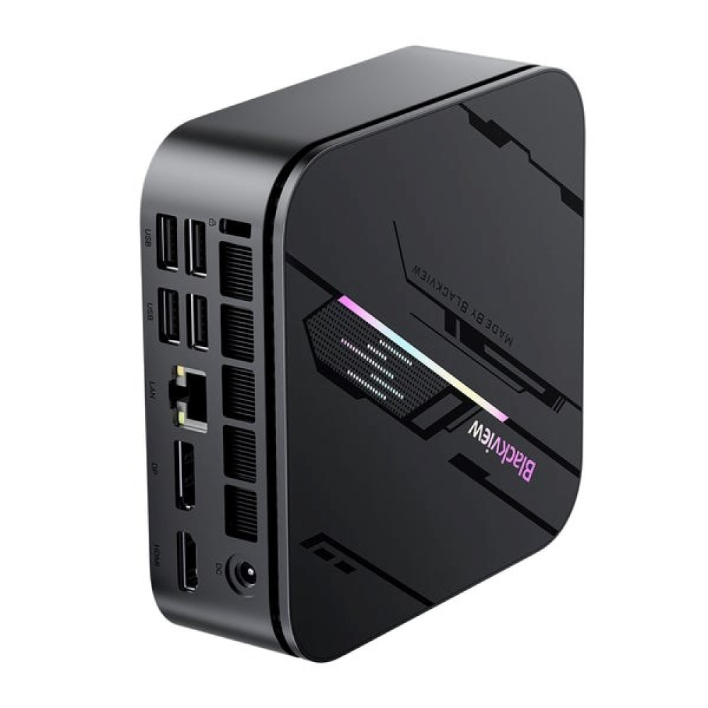 Czarny mini PC z portami USB, LAN, DP i HDMI z boku.