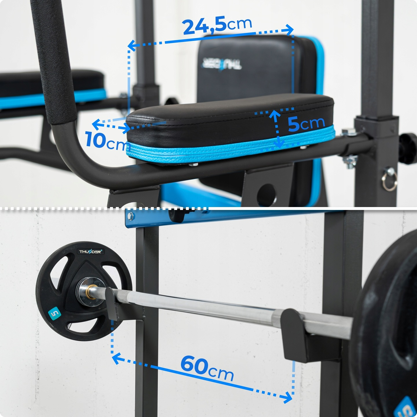 Fitnessgerät mit Maßen: 24,5cm Breite, 10cm und 5cm Höhe, 60cm Stangenlänge.
