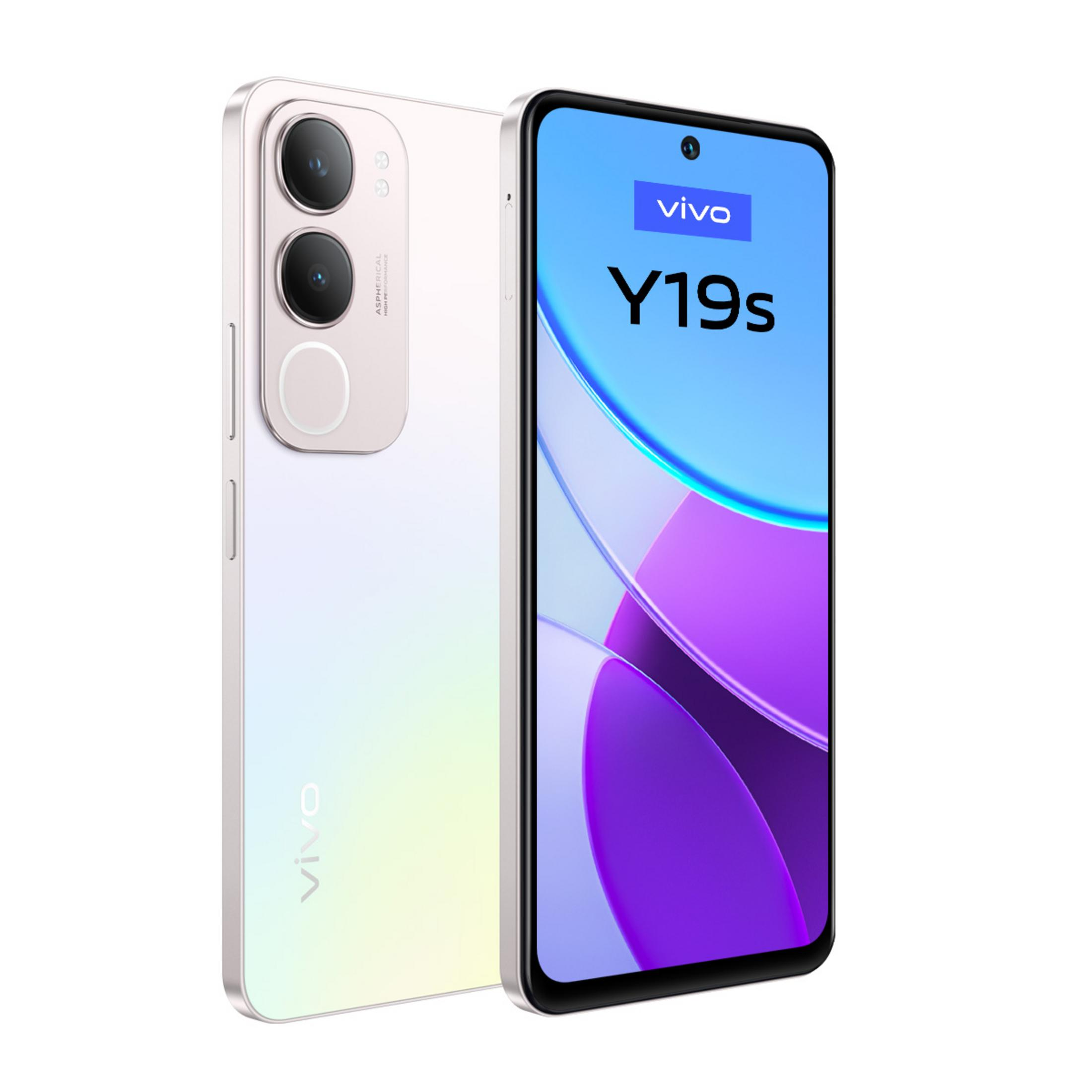 Arkada çift kamera bulunan beyaz bir Vivo Y19s akıllı telefon.
