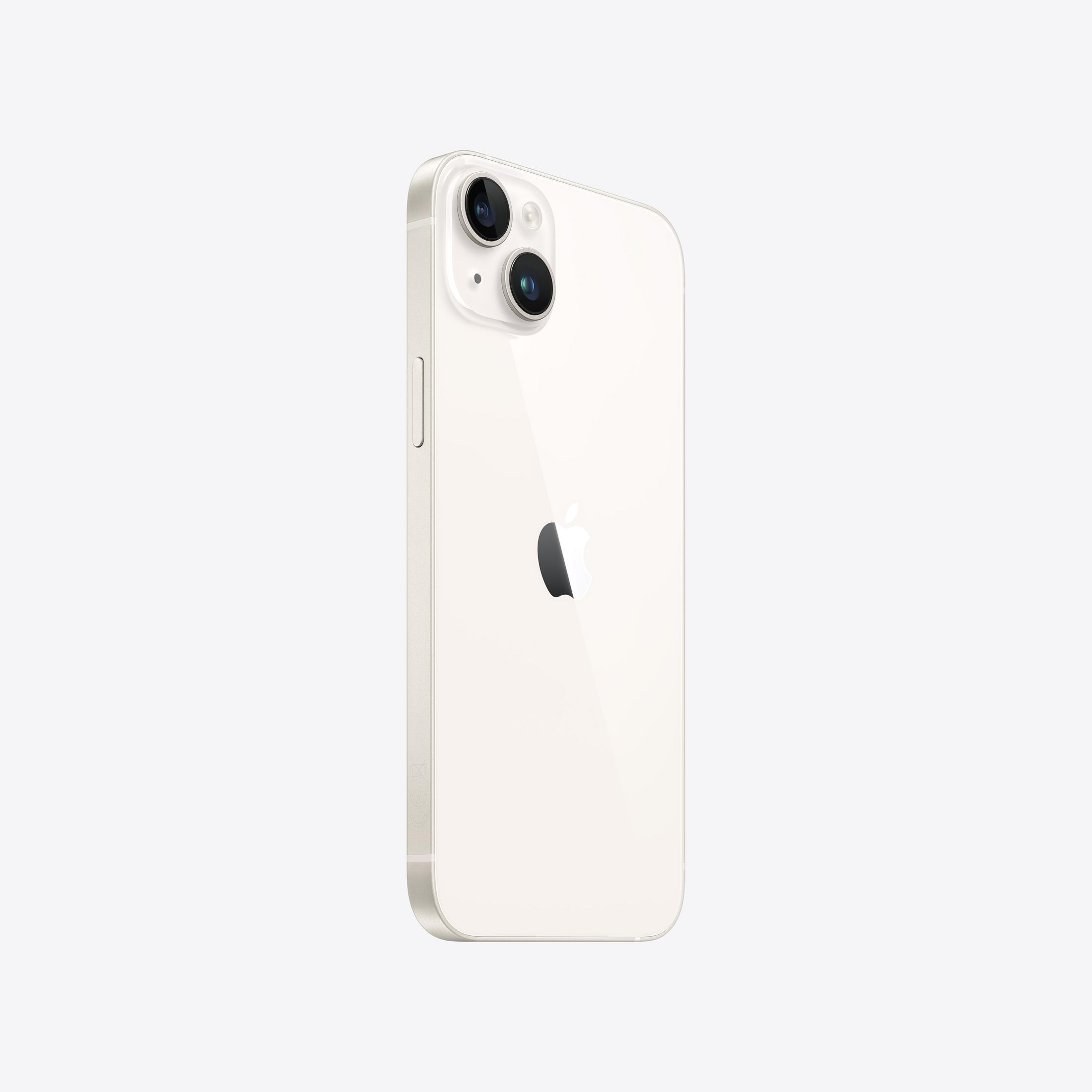 Arkada iki kamerası olan beyaz bir iPhone 14.
