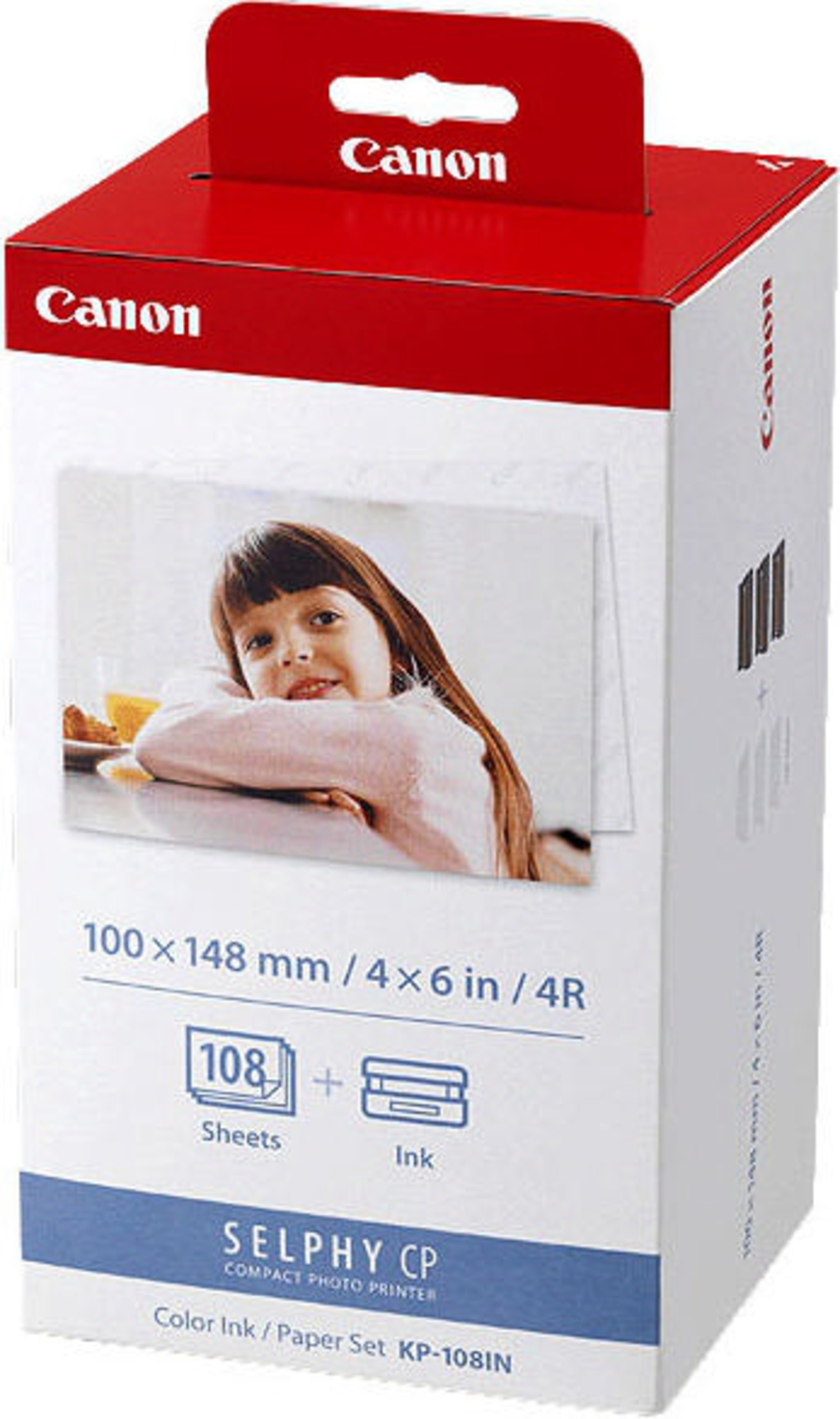 Canon Selphy CP yazıcı kutusu, çocuk fotoğrafı, 108 yaprak ve mürekkep içerir.