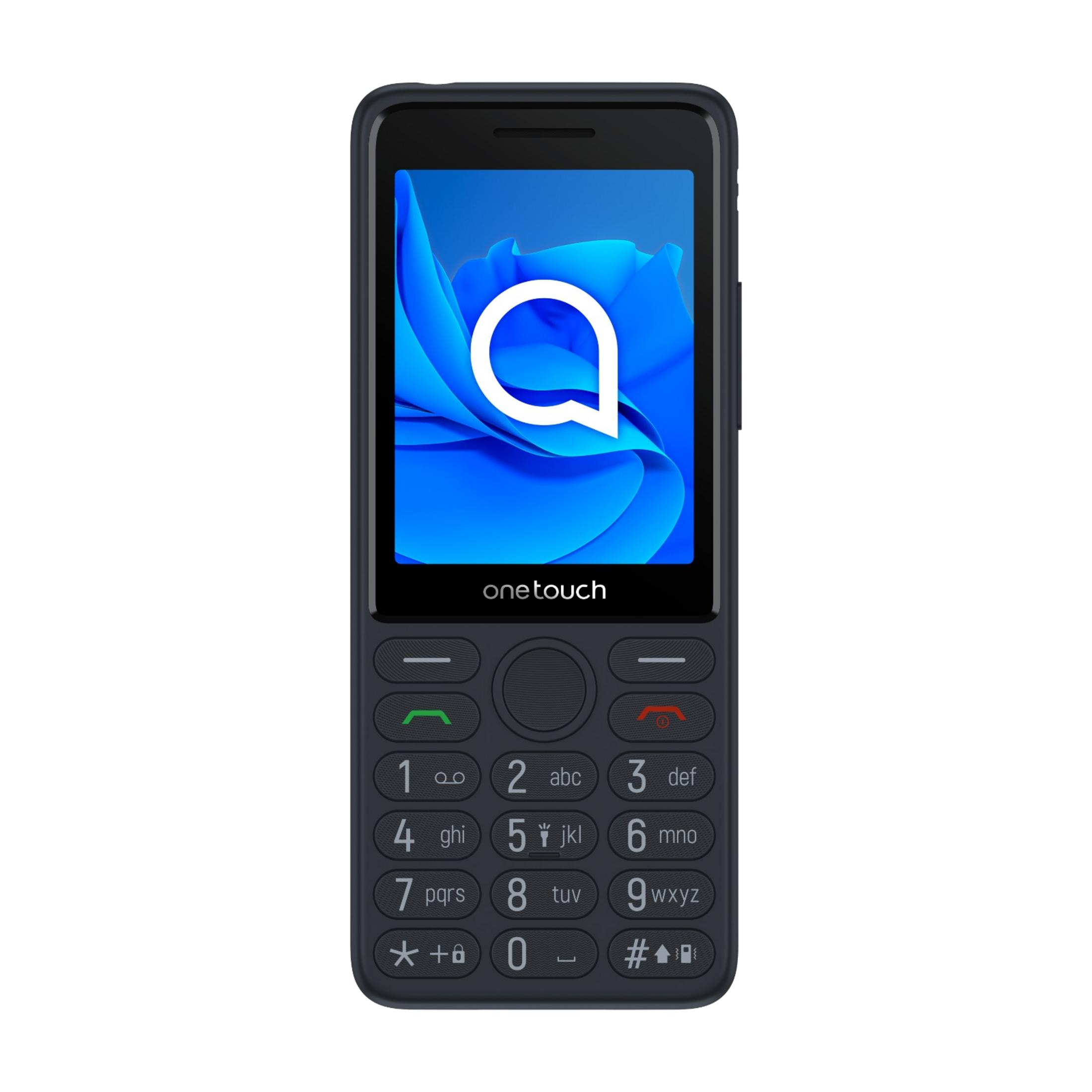 Mavi soyut duvar kağıdı ve beyaz 'a' logosuna sahip koyu gri Alcatel tuşlu telefon.