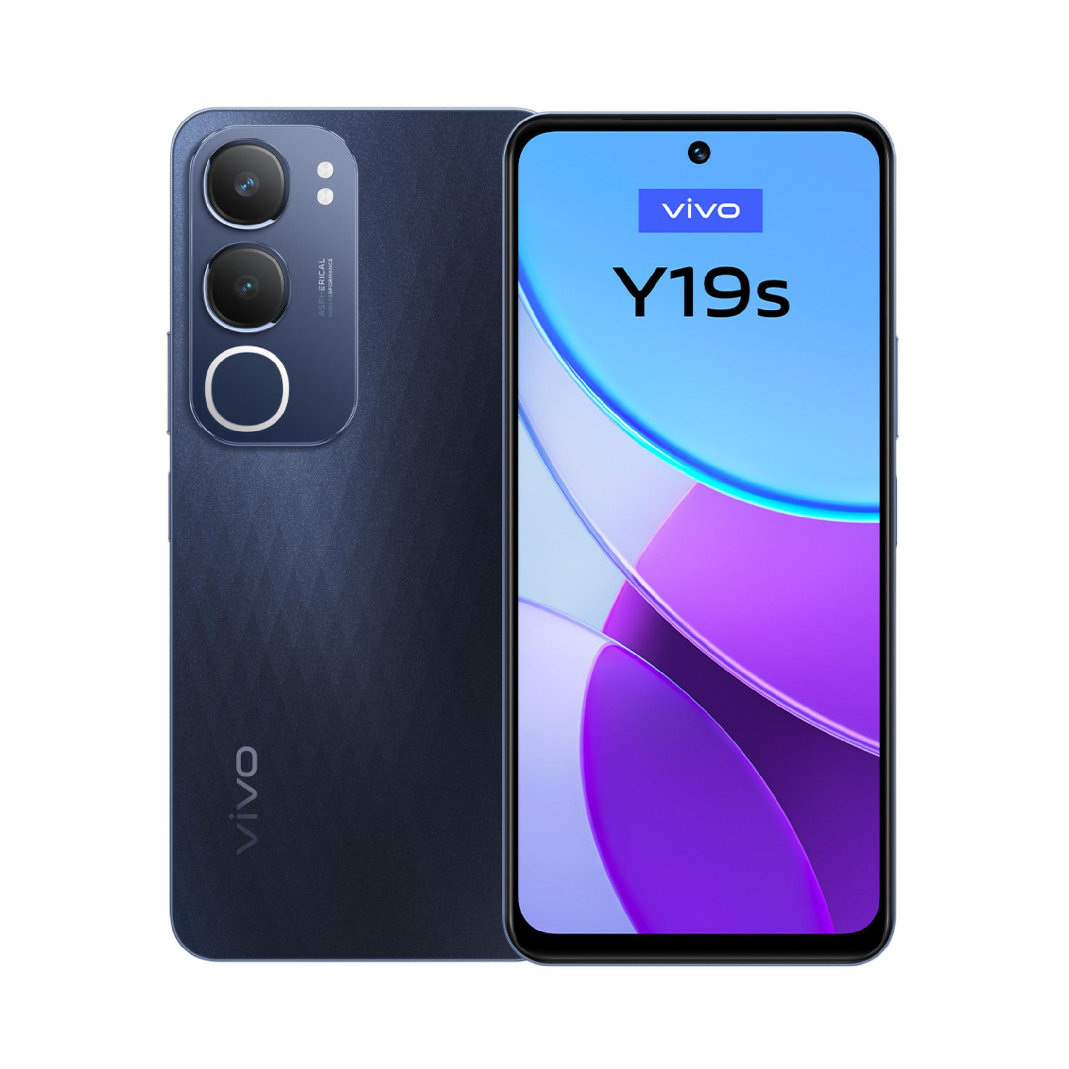Üç arka kameraya ve mavi ekrana sahip koyu mavi Vivo Y19s akıllı telefon.