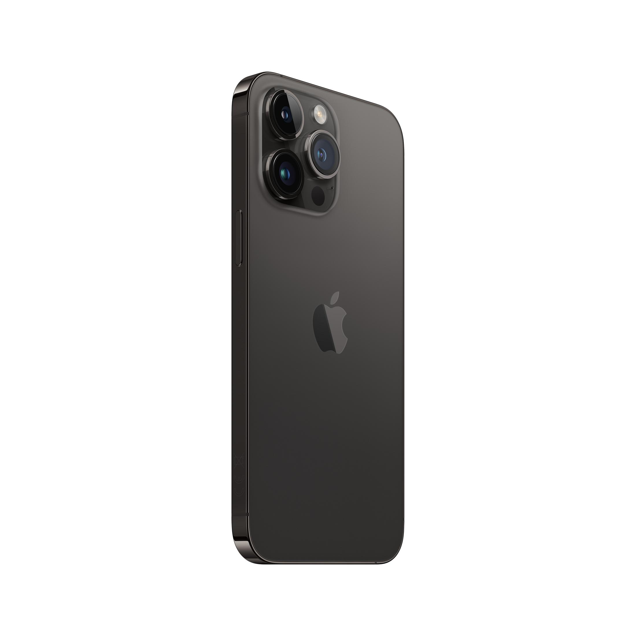 iPhone gris oscuro con tres cámaras y logo de Apple en la parte trasera.