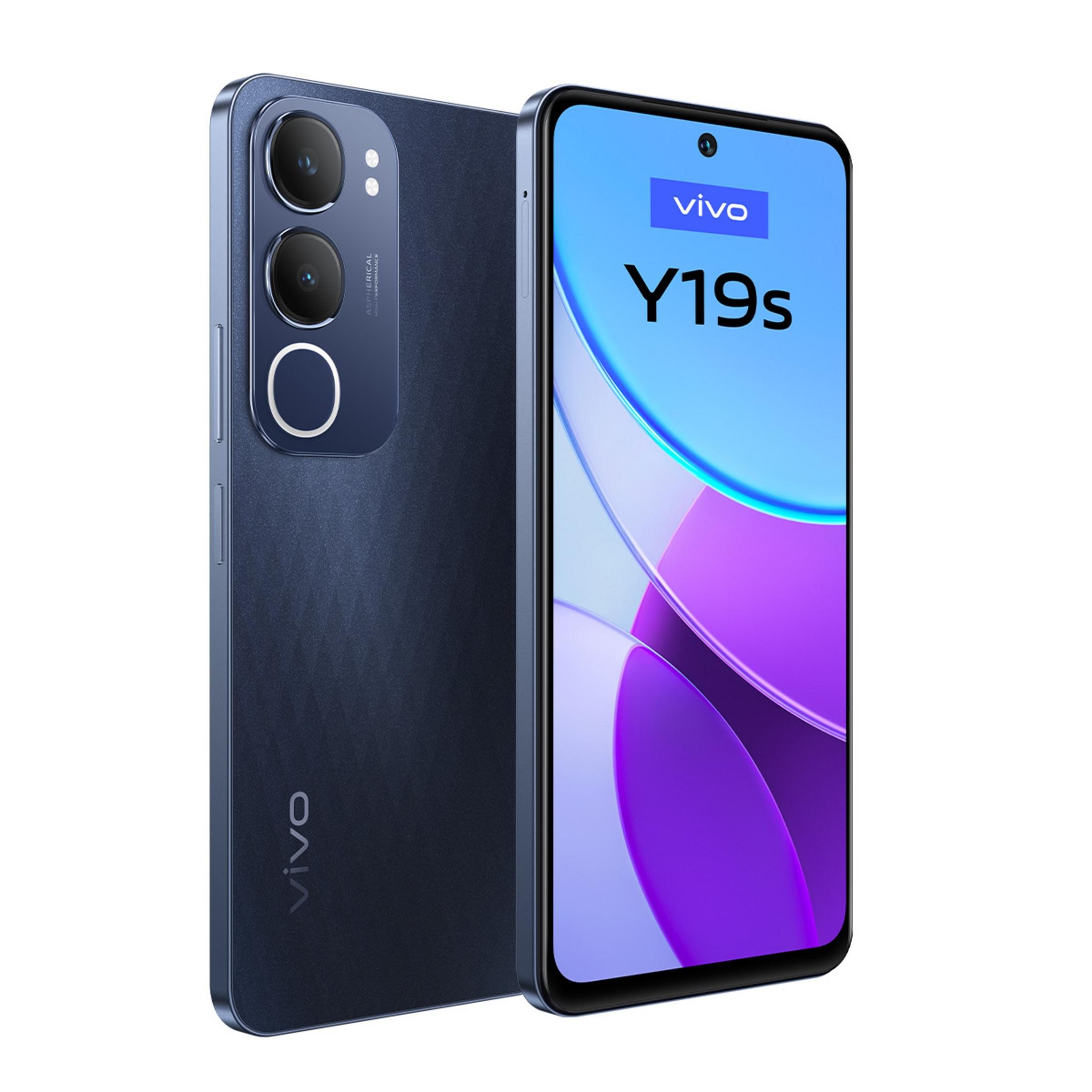 Kamera modülü ve renkli ekranı olan mavi bir Vivo Y19s akıllı telefon.