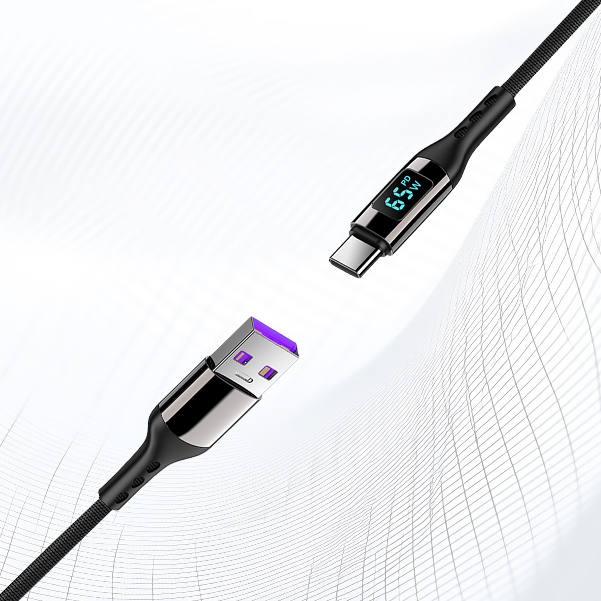 Ein USB-A- und ein USB-C-Kabel mit digitaler Wattanzeige auf hellem Hintergrund.