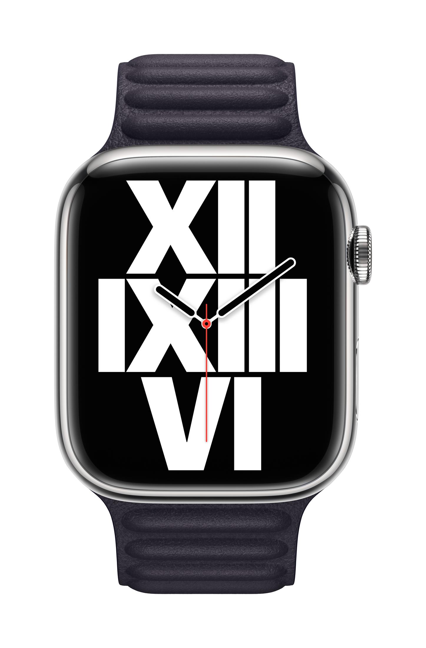 A dark smartwatch with Roman numerals on the black display.