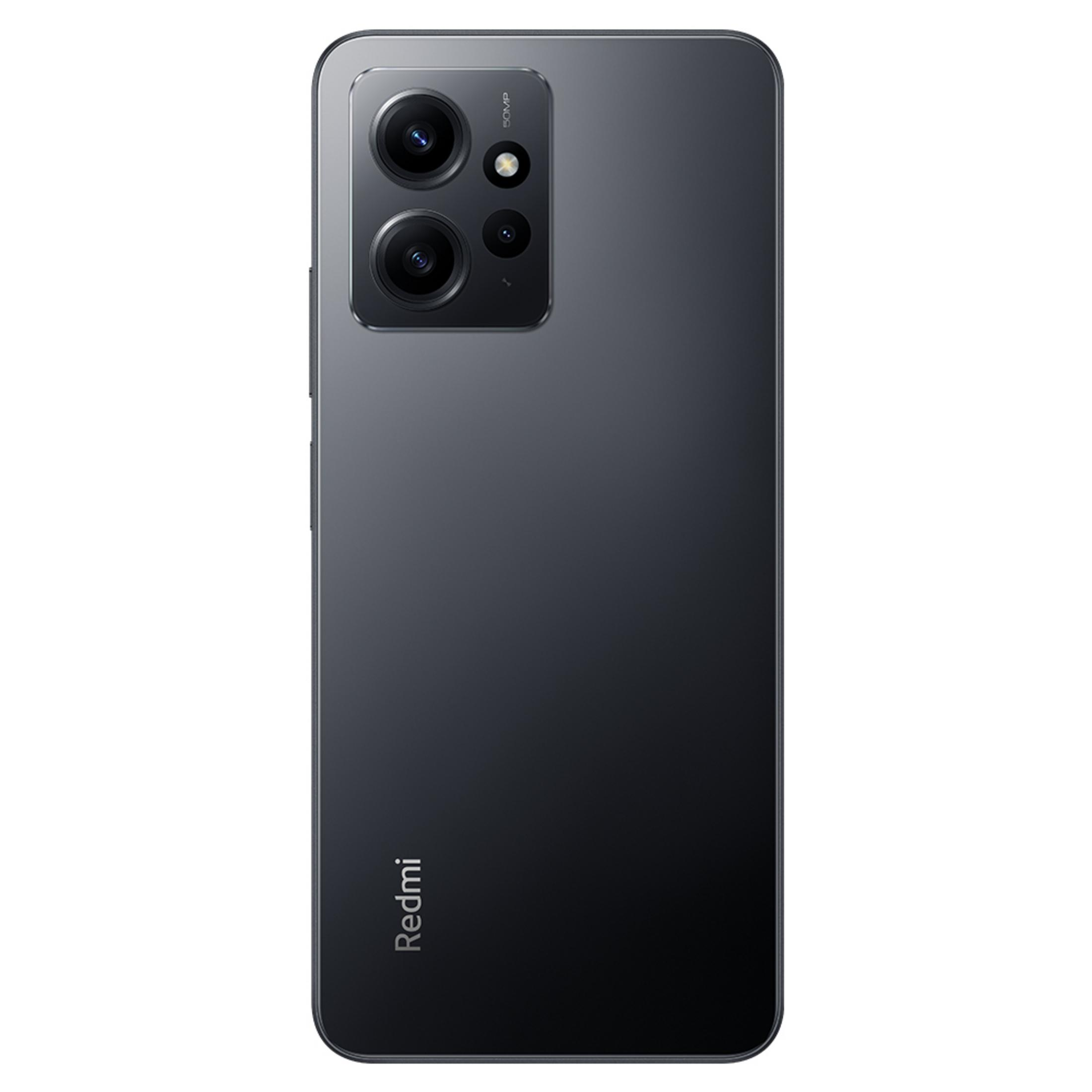 Parte trasera de un smartphone oscuro con tres cámaras y logo Redmi.