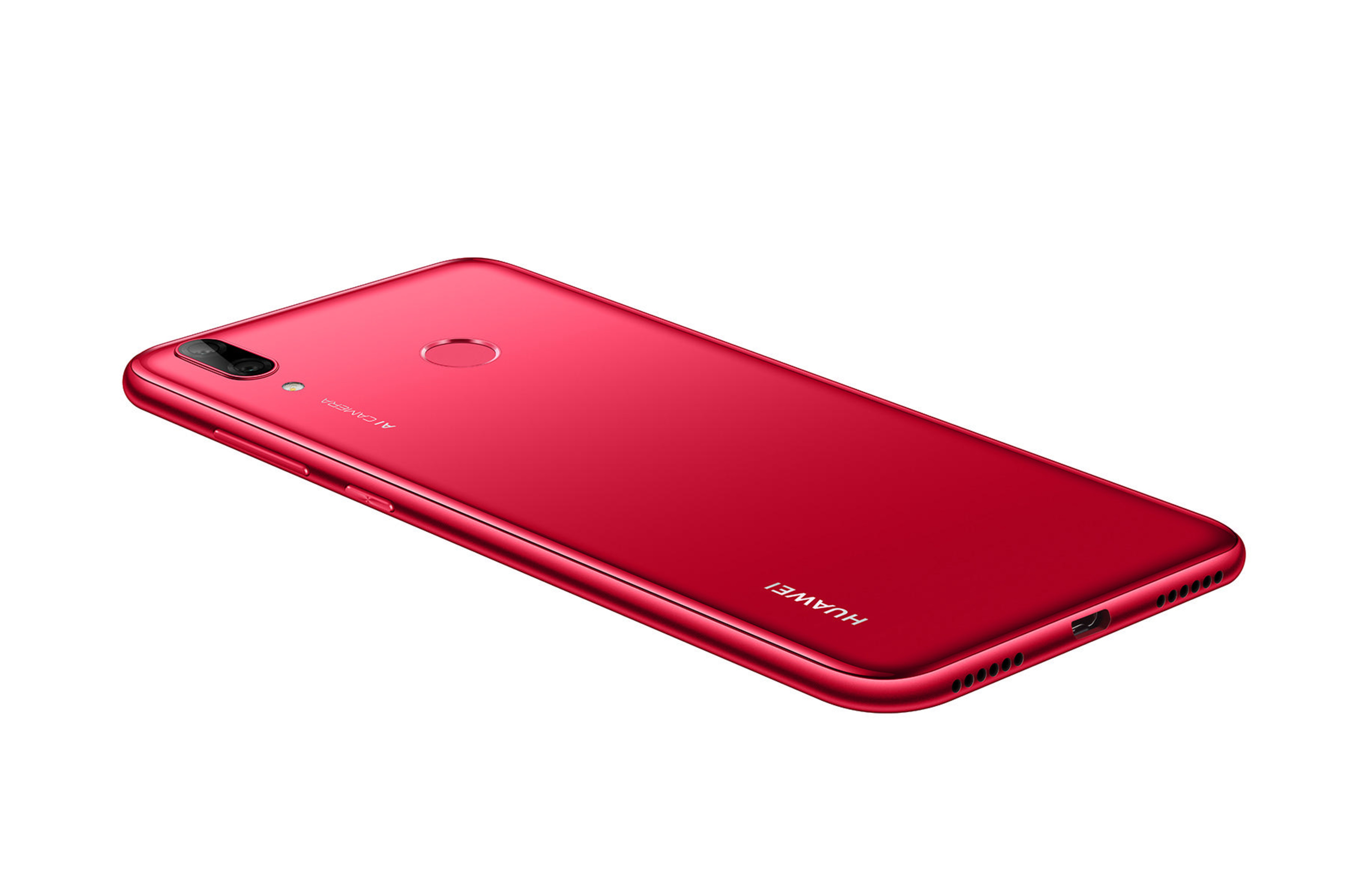 Rotes Smartphone mit doppelter Kamera und Fingerabdrucksensor.