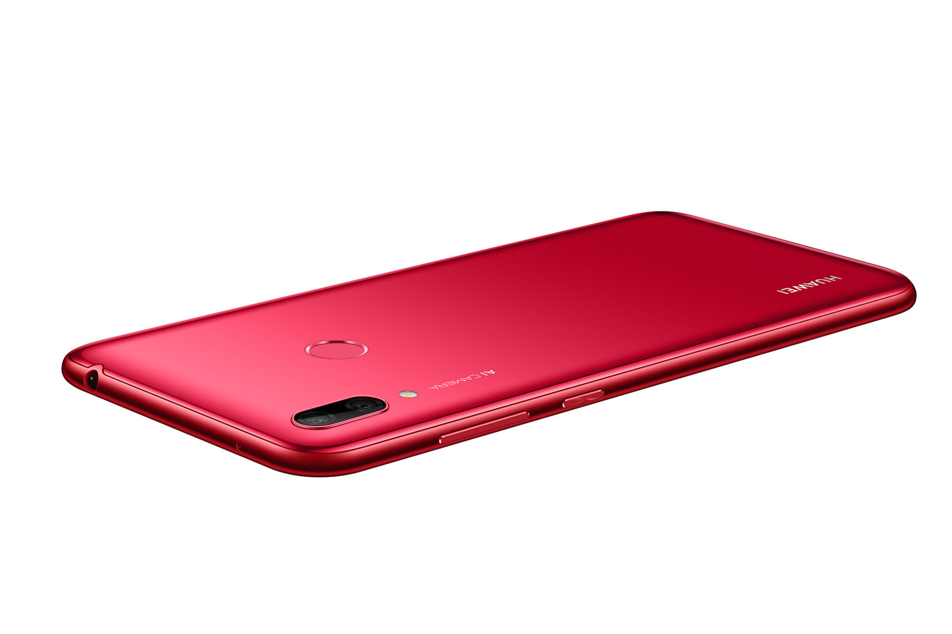 Rotes Huawei Smartphone, Rückseite mit Kamera und Fingerabdrucksensor.