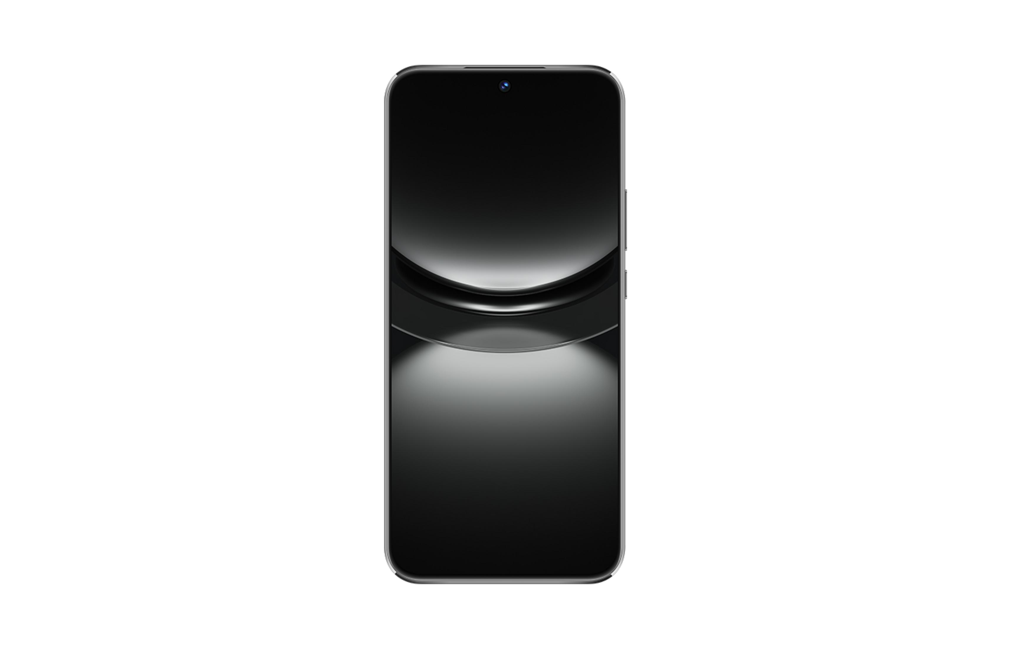 Ein glänzendes schwarzes Smartphone mit abgerundeten Ecken und einer Frontkamera.