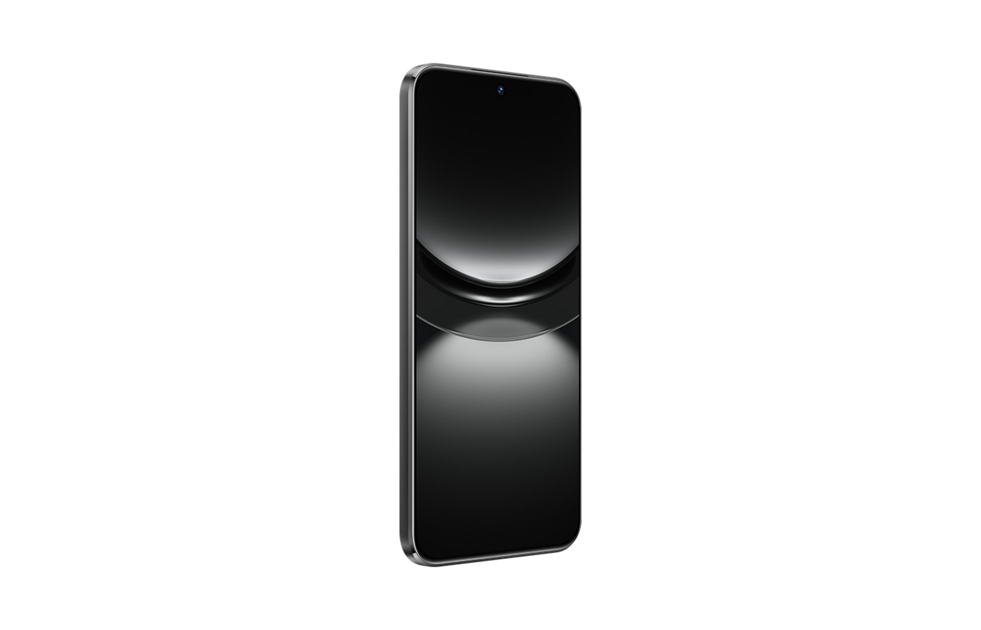 Ein schwarzes Smartphone mit silbernem Rahmen auf weißem Hintergrund.