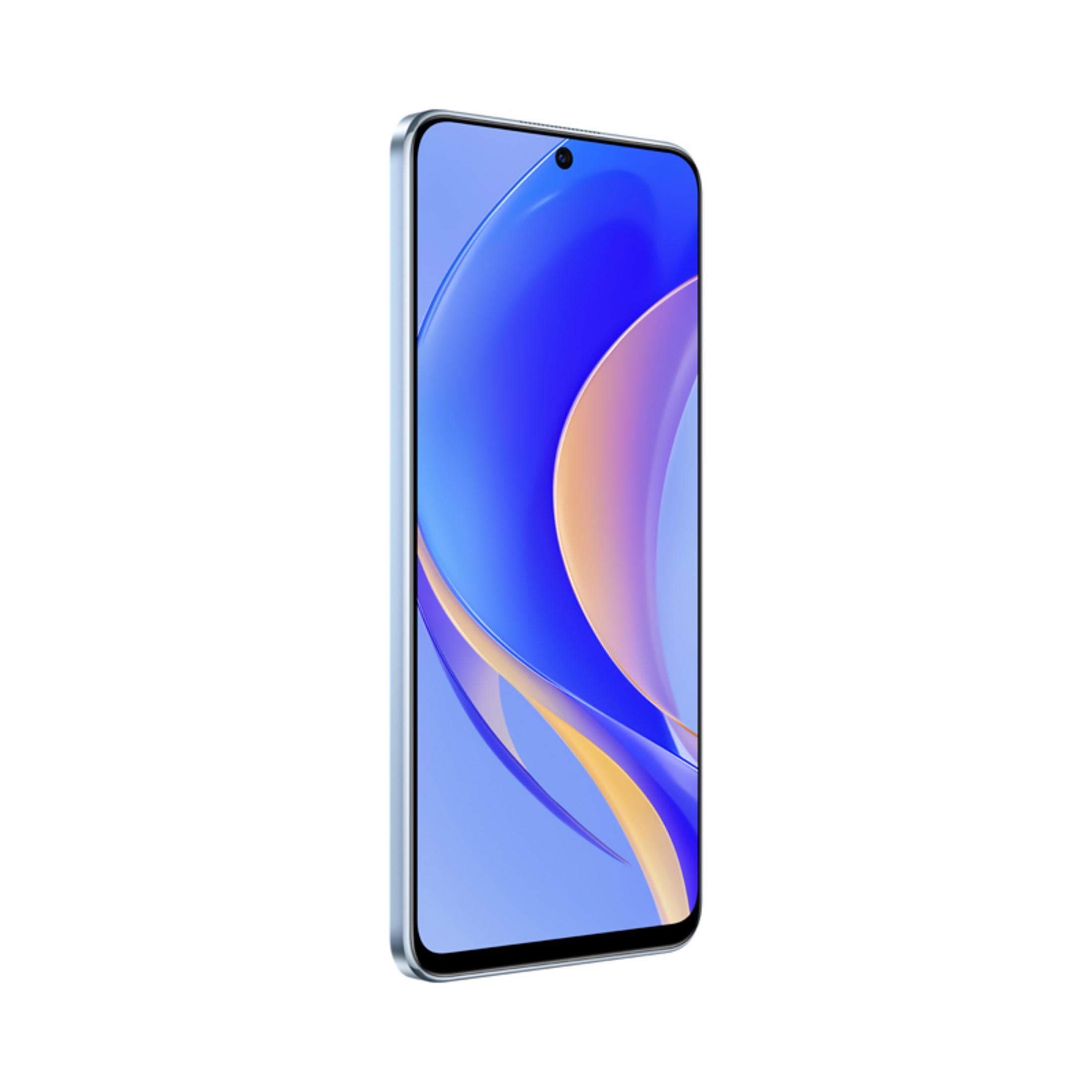 Jasnoniebieski smartfon z abstrakcyjnym niebiesko-żółtym tłem.