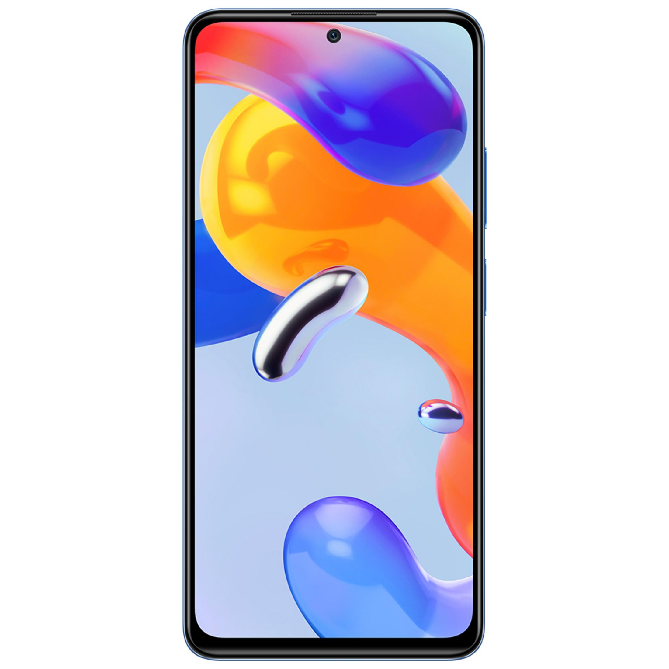 Ein Smartphone mit einem blauen Rahmen zeigt einen abstrakten Hintergrund mit bunten Formen.