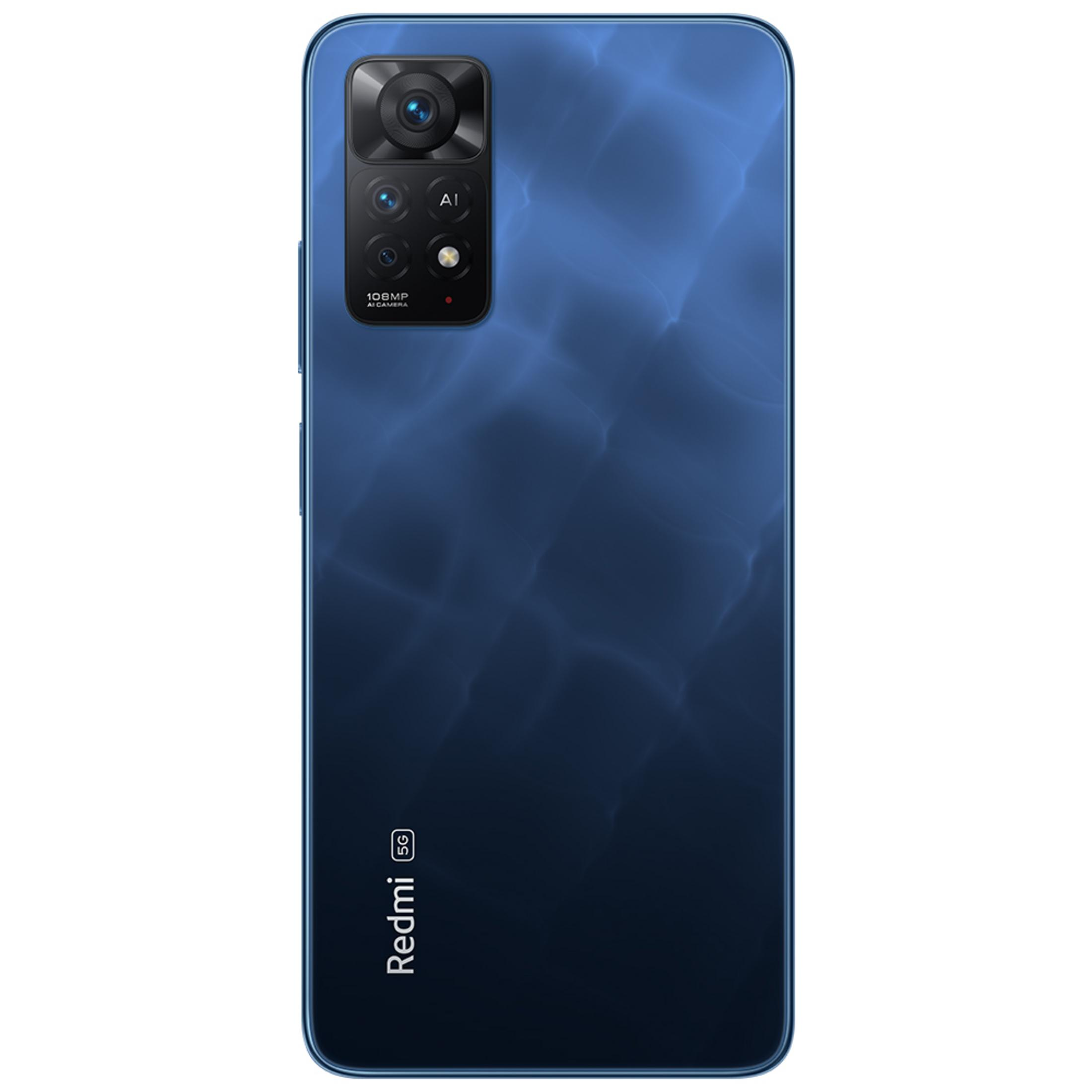 Dunkelblaues Smartphone mit 108MP Kamera und 5G-Logo auf der Rückseite.