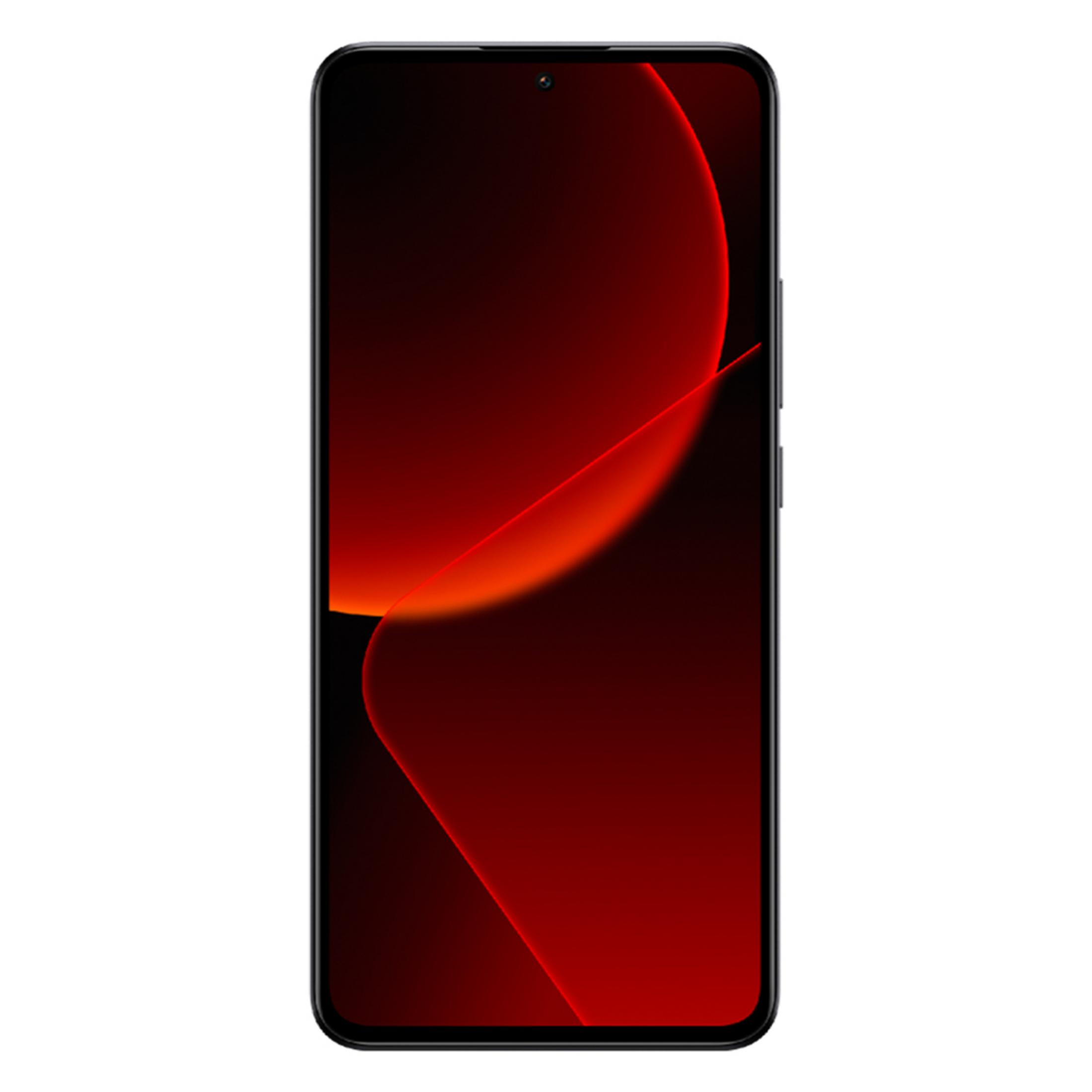 Ein schwarzes Smartphone mit dunklem, rotem Hintergrund und leuchtenden Linien.