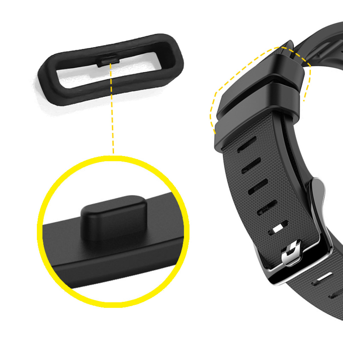 Pokazano czarny klips do paska zegarka z bolcem.