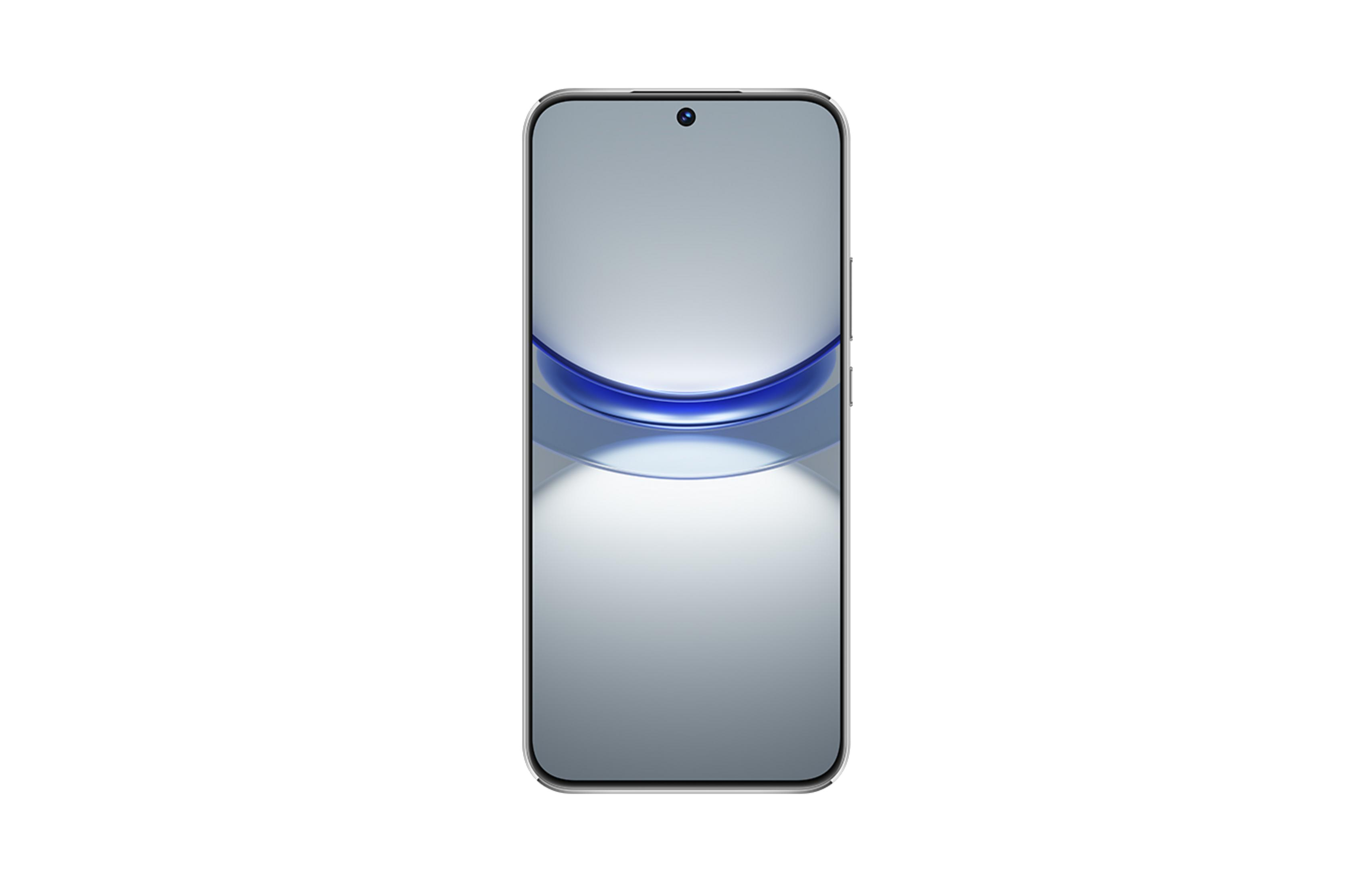 Ein modernes Smartphone mit einem silbernen Rahmen und einem blauen Wellenmuster auf dem Bildschirm.