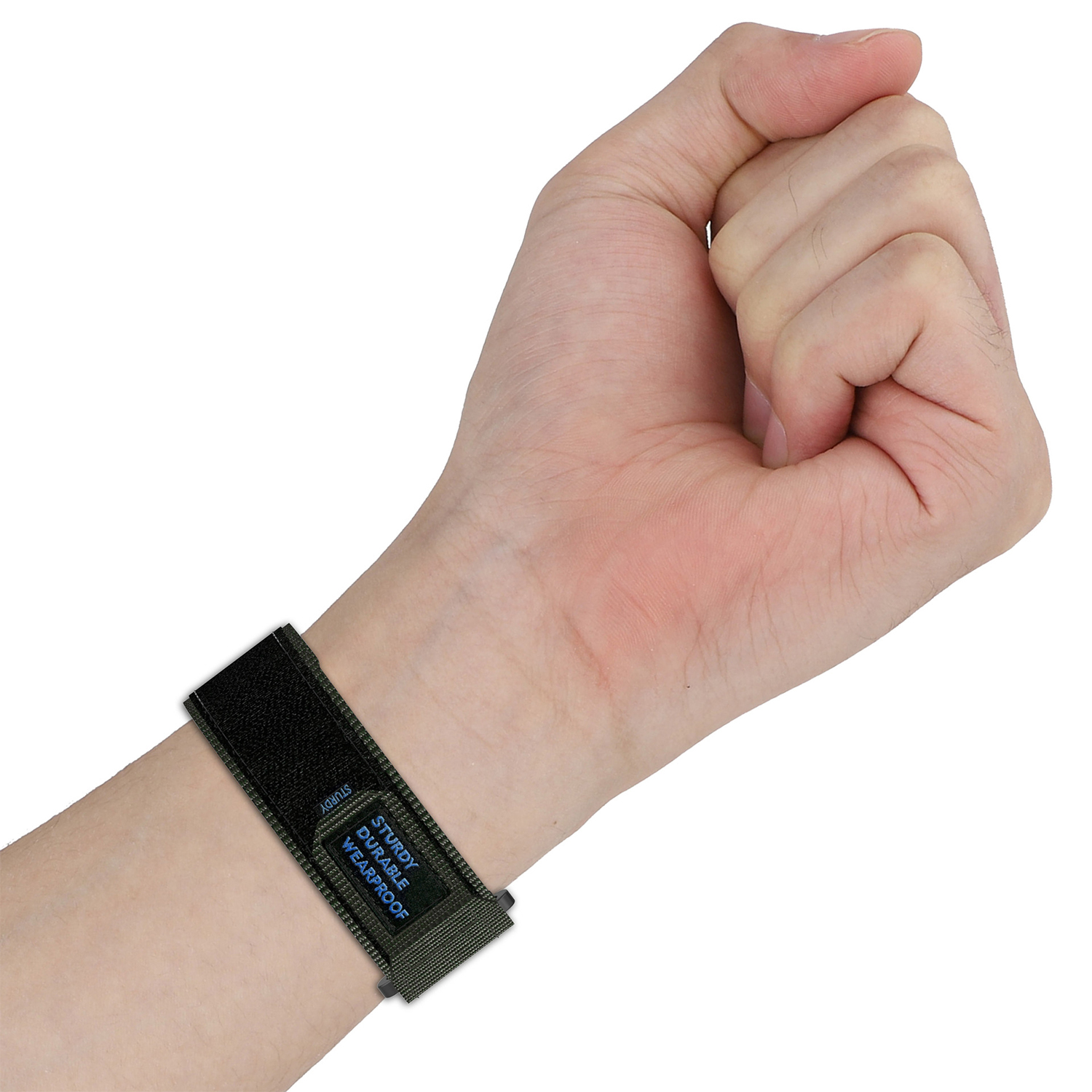 Ein Arm mit einem schwarzen Stoffarmband, beschriftet mit 'Sturdy Durable Wearproof'.