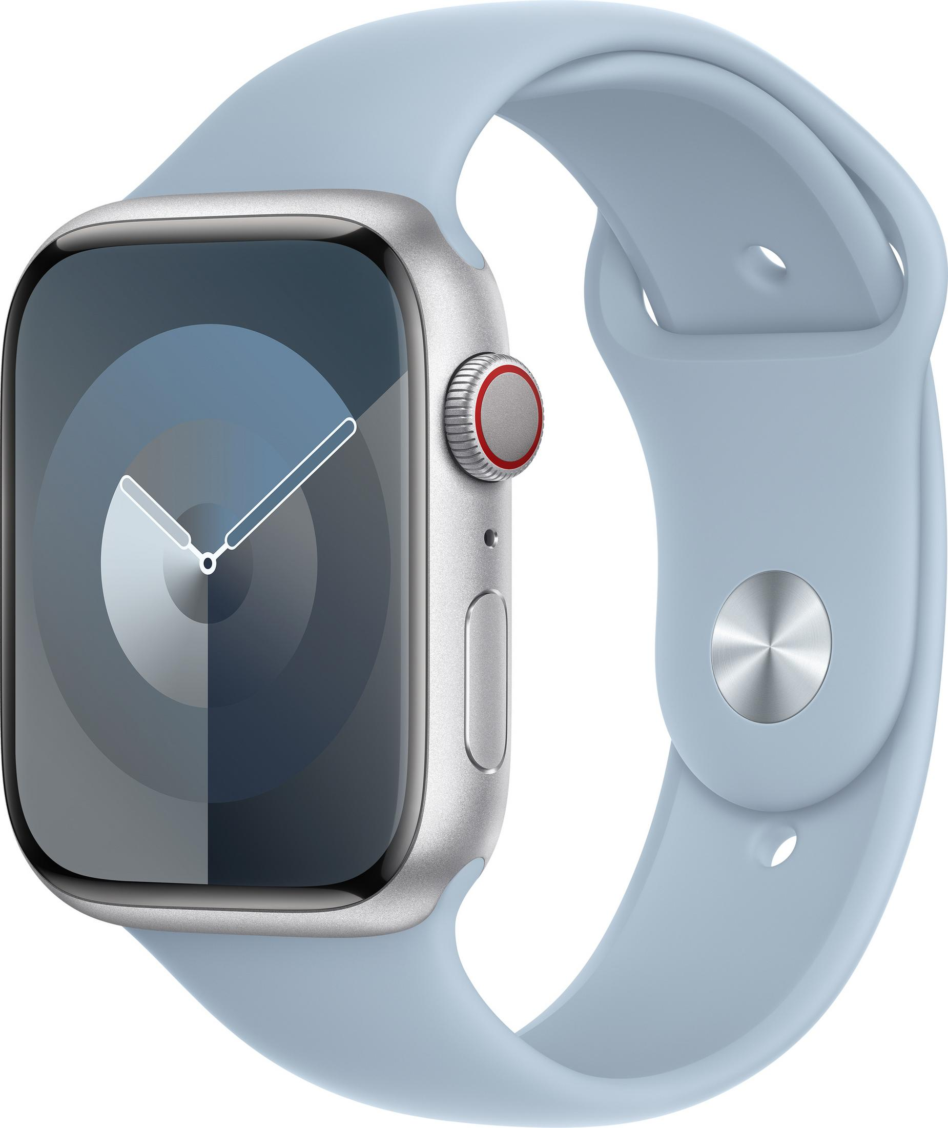 Eine silberne Smartwatch mit hellblauem Armband und einem Zifferblatt mit weißen Zeigern und einem blau-grauen Farbverlaufshintergrund.