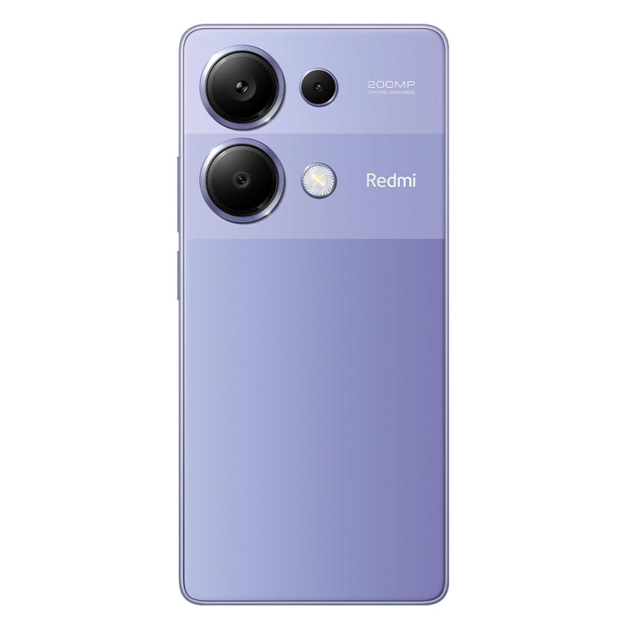 Üç kameralı mor akıllı telefon ve Redmi logosu.