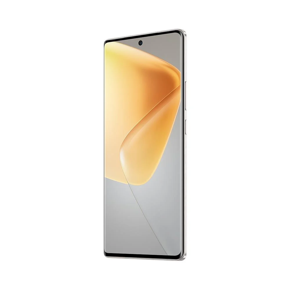 Uno smartphone moderno con schermo grande, fotocamera in alto al centro, su sfondo bianco.