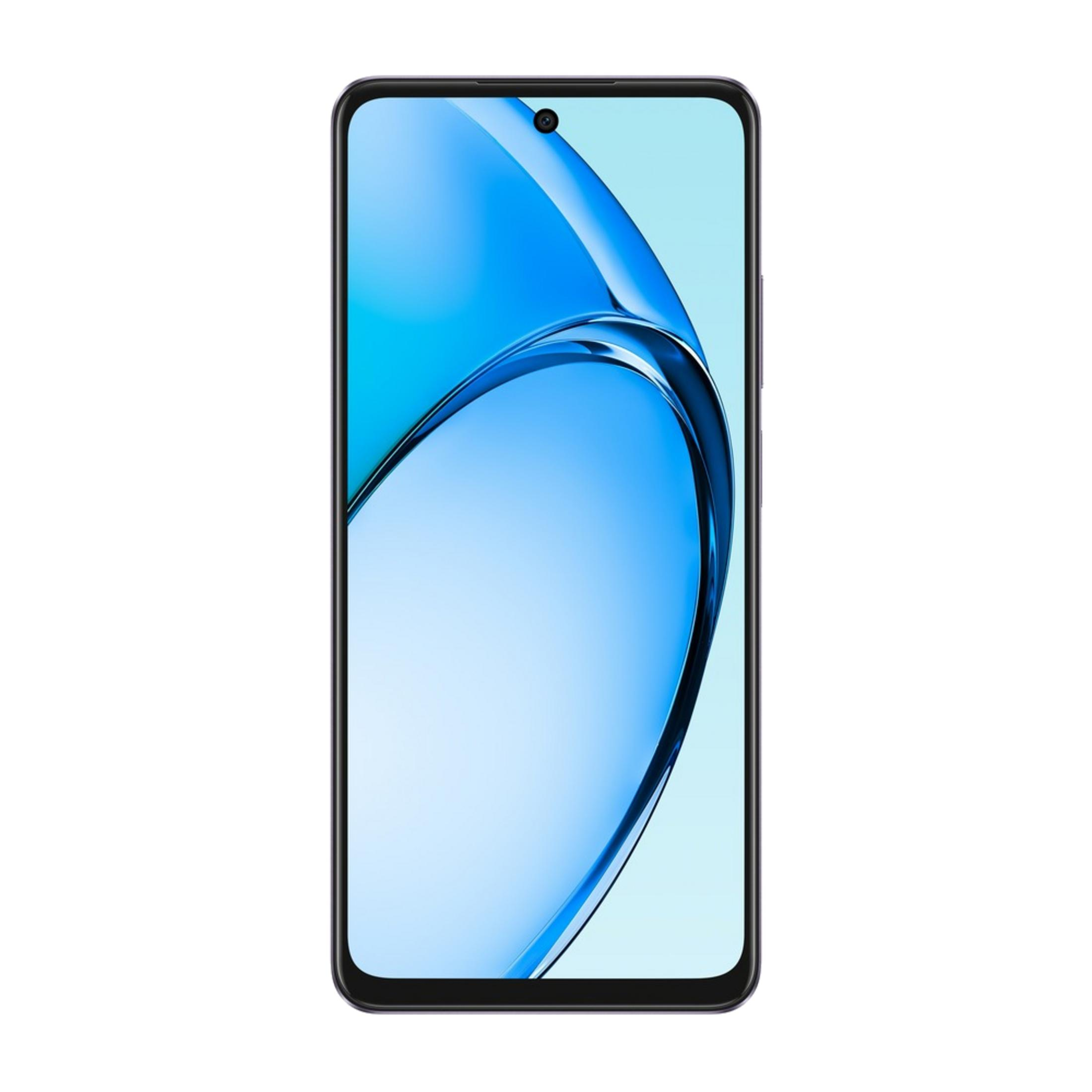 Ekranında mavi, akıcı arka plana sahip siyah bir akıllı telefon.