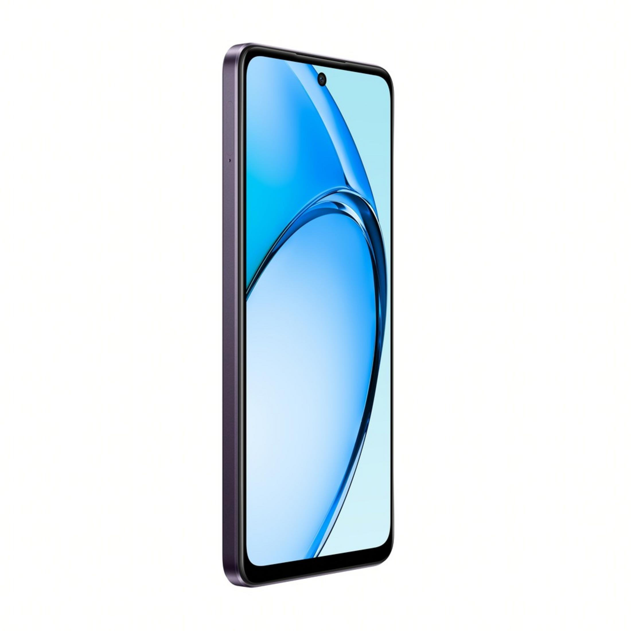 Mor bir akıllı telefon ekranında mavi dalgalı bir arka plan gösterir.