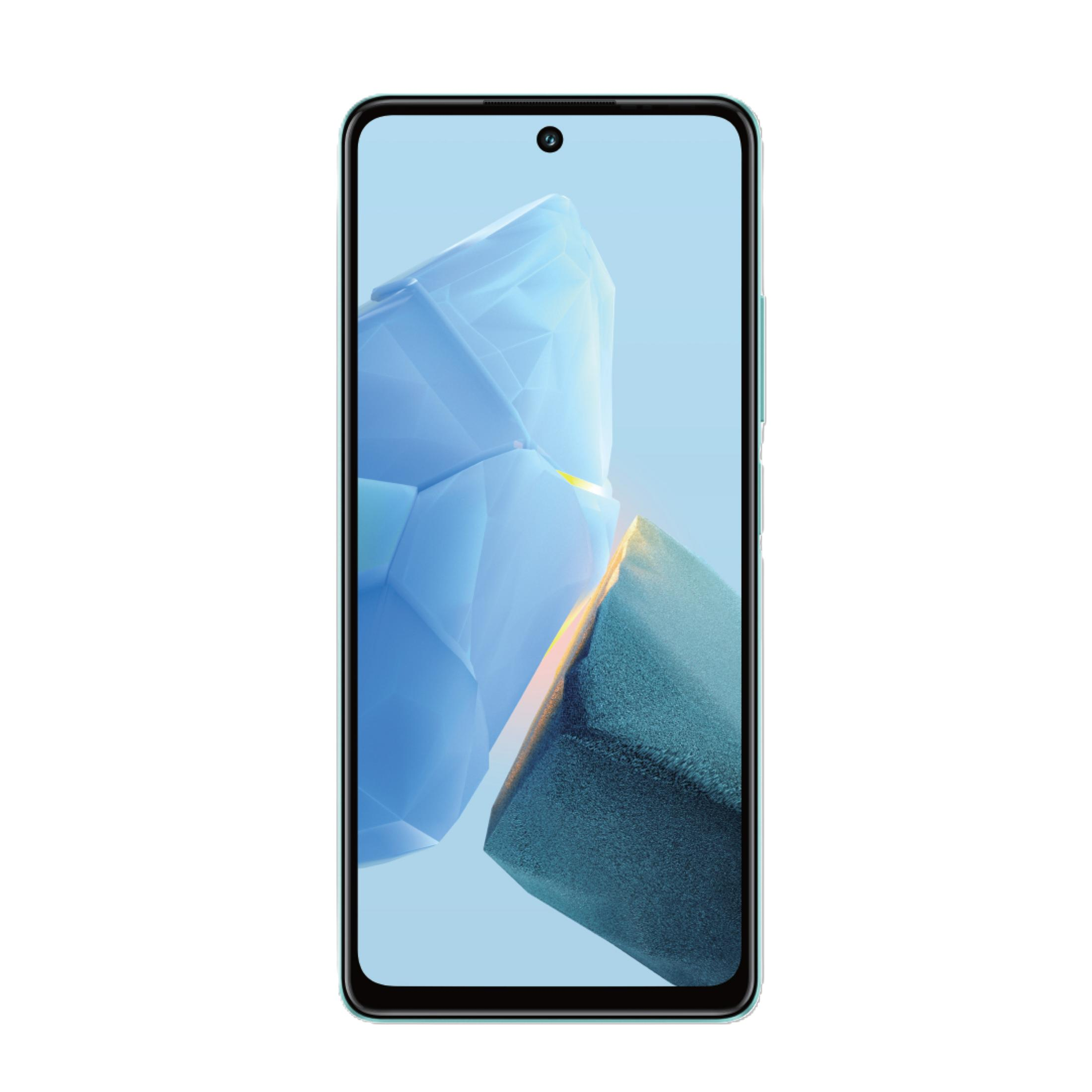 Buzlu geometrik şekillerin soyut arka planını gösteren açık mavi bir akıllı telefon.