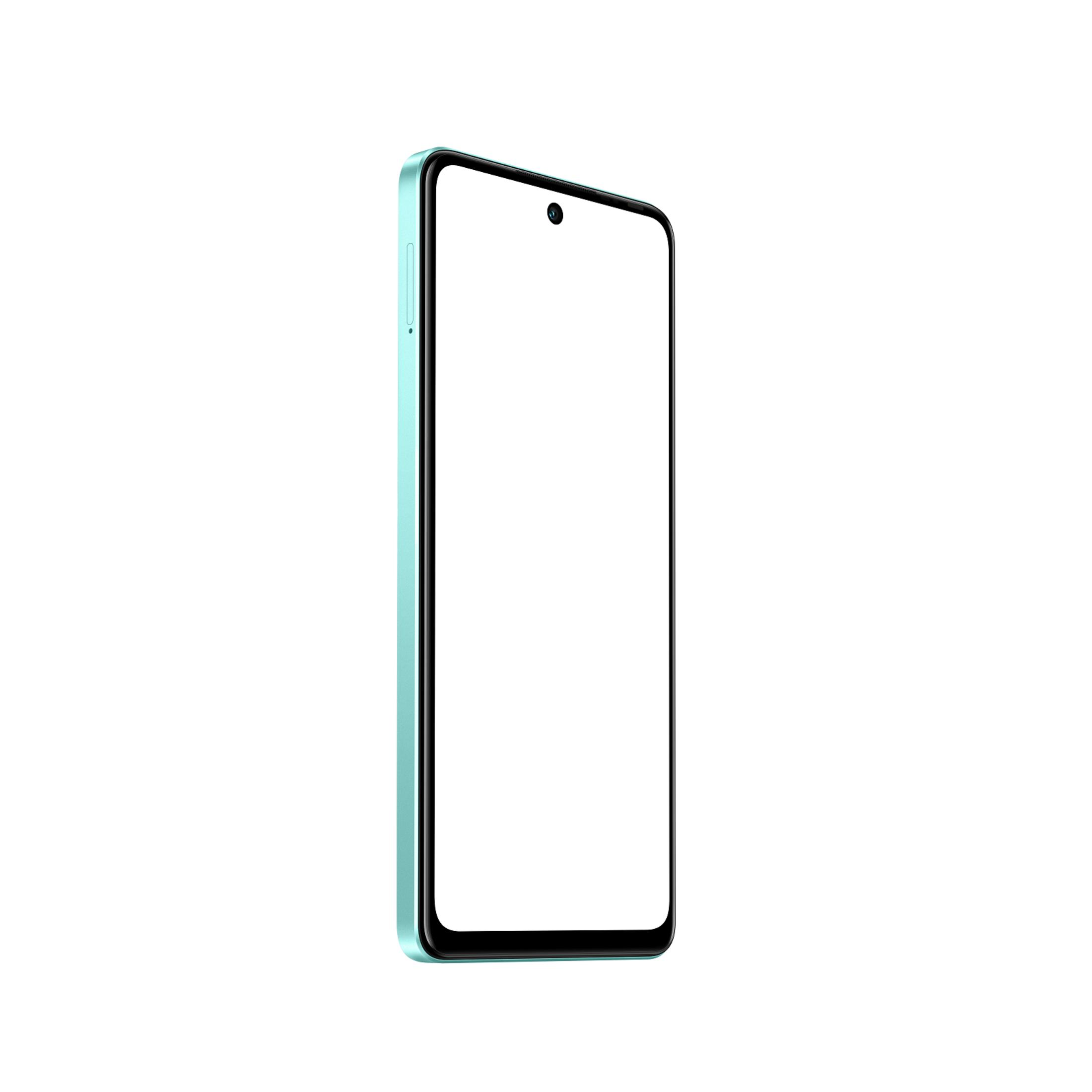 Beyaz bir arka plana karşı hafif bir açıyla görülen, boş beyaz ekranlı, nane yeşili bir akıllı telefon.