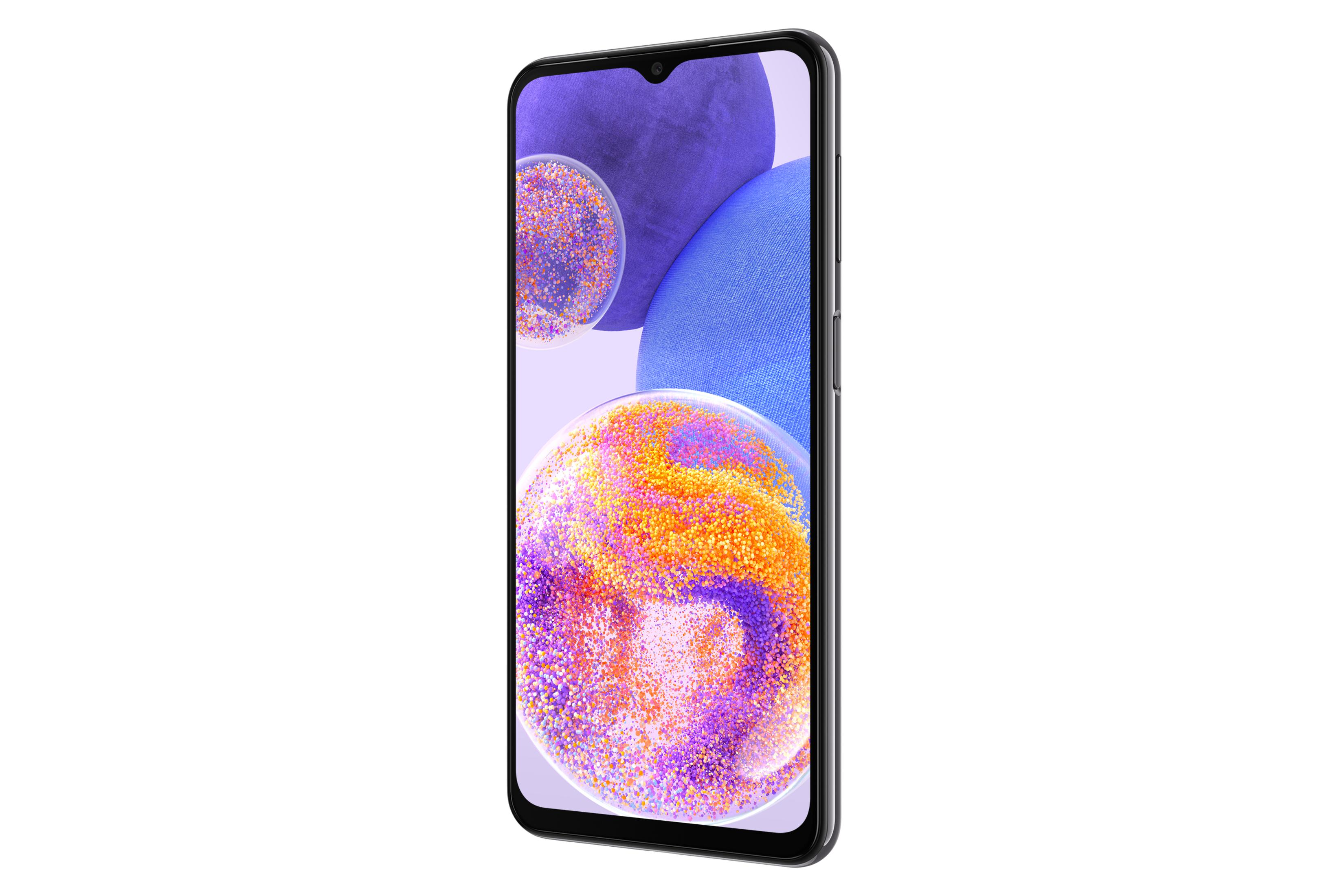 Damla şeklinde çentikli, ekranda renkli baloncukları olan siyah akıllı telefon.