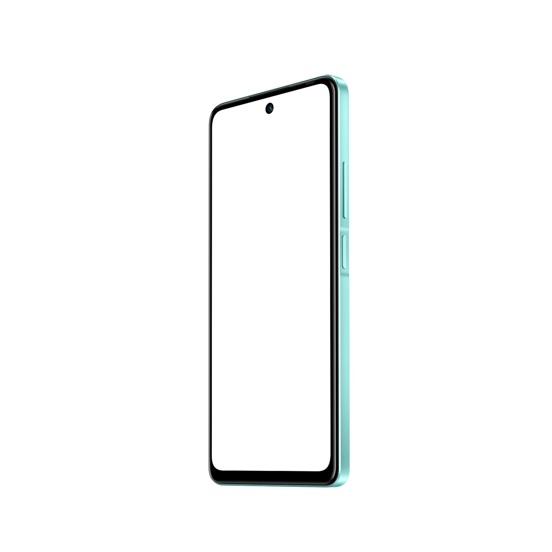 Boş ekranlı açık mavi bir akıllı telefon, yandan görünüşü.