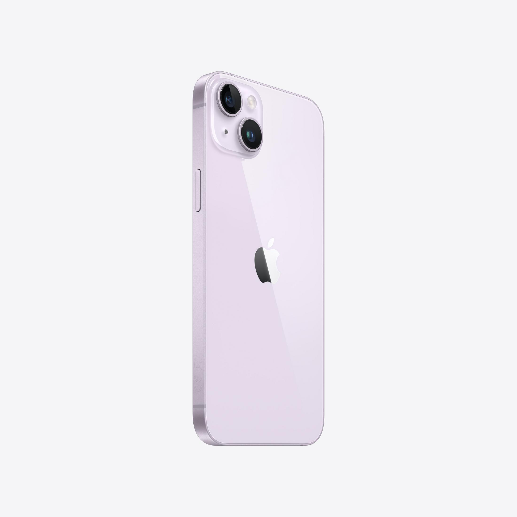 Jasnofioletowy iPhone 14 z logo Apple z tyłu.