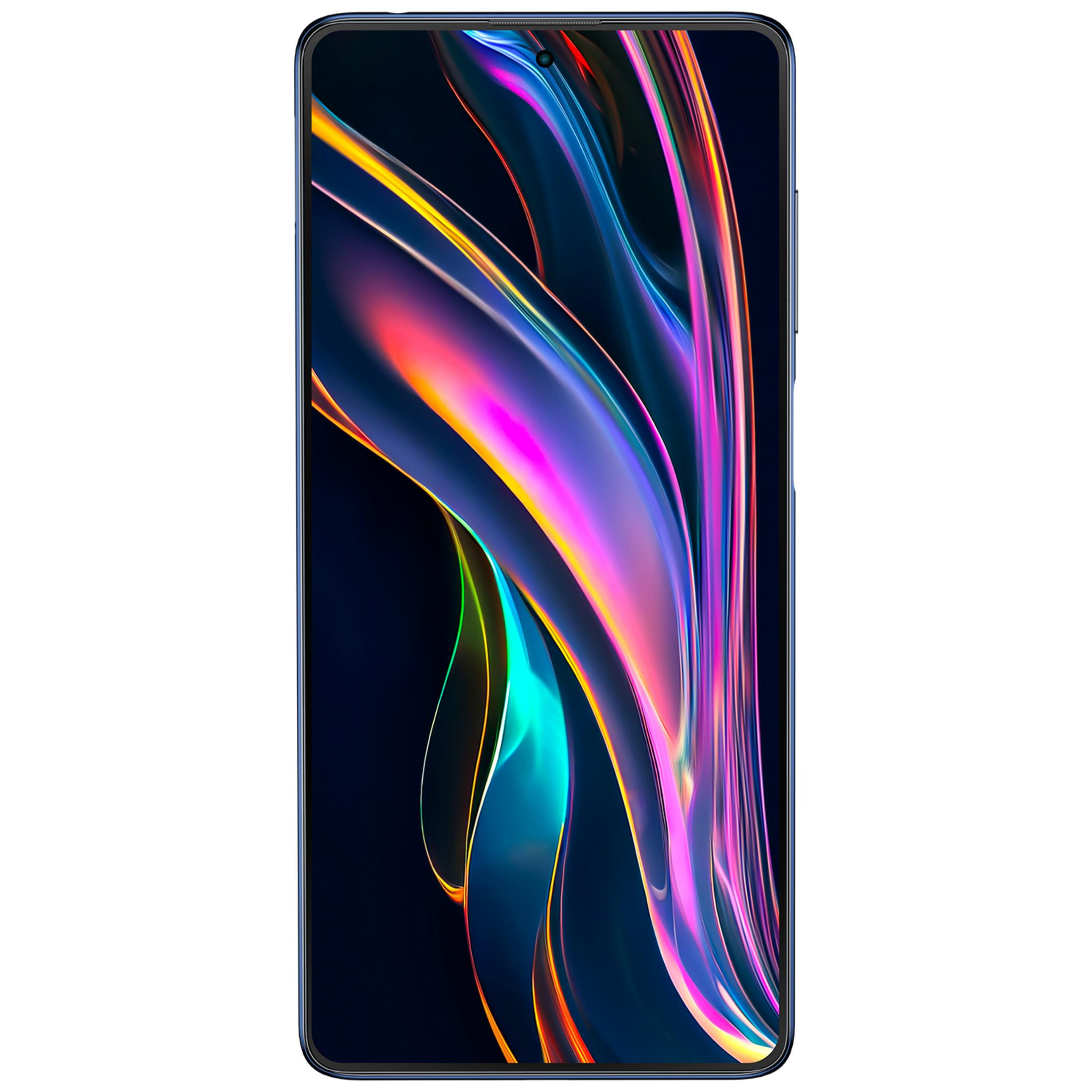 Renkli akıcı çizgilerden oluşan canlı, soyut duvar kağıdı gösteren koyu bir akıllı telefon.