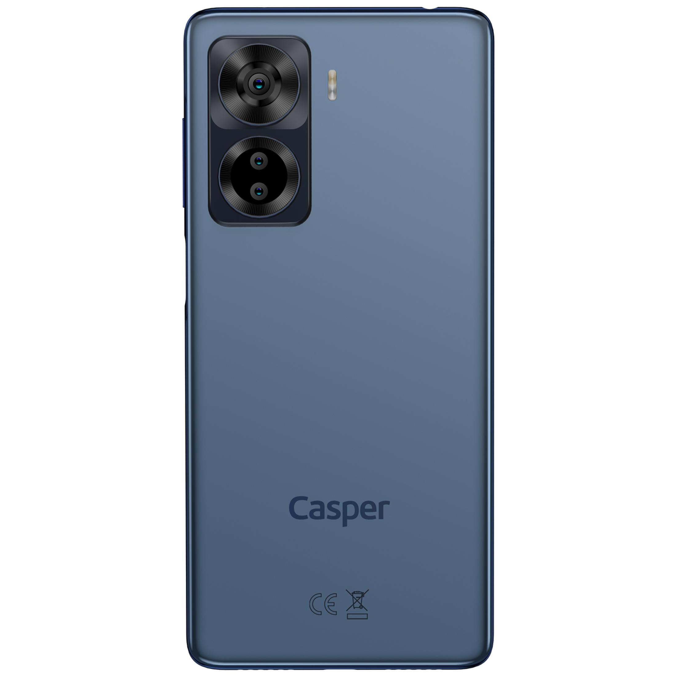 Çift kameralı mavi akıllı telefonun arkası ve Casper logosu.