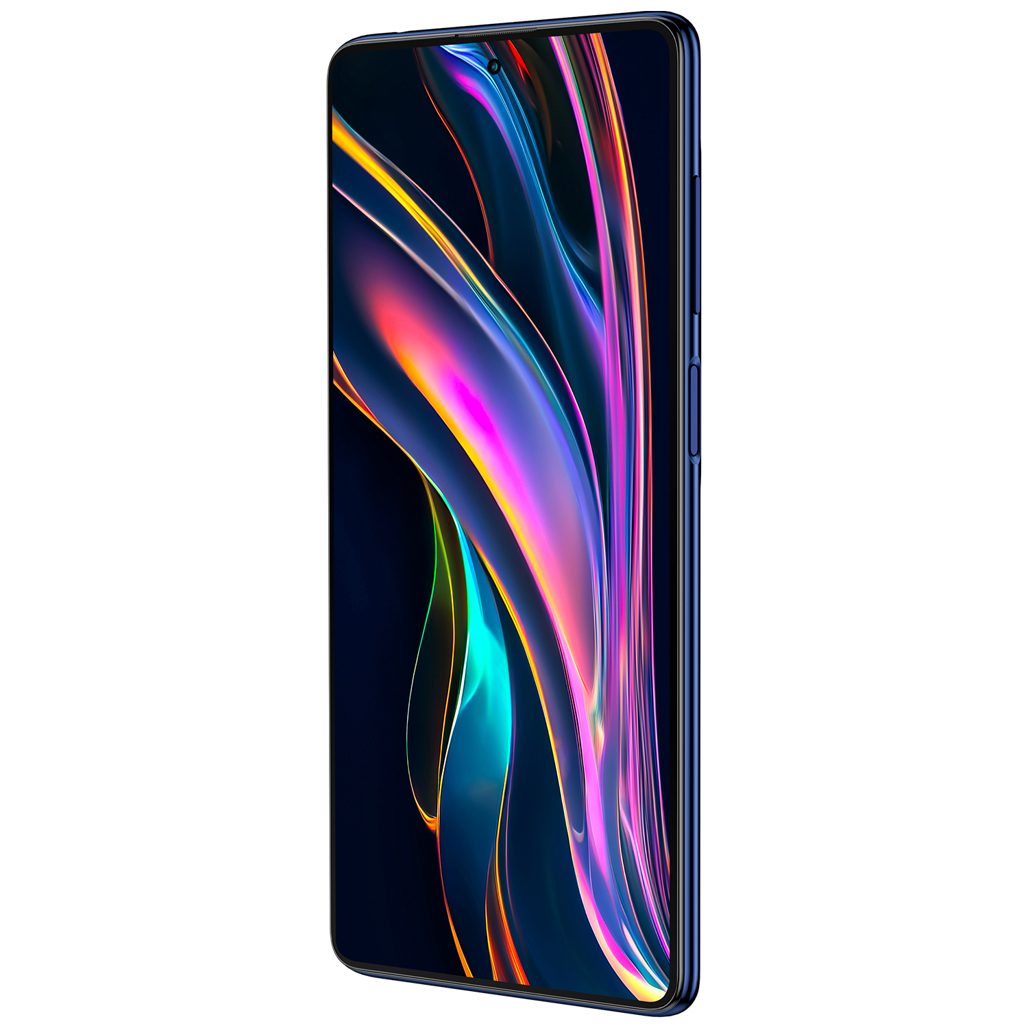 Ekranında dinamik, renkli bir duvar kağıdı gösteren mavi bir akıllı telefon.