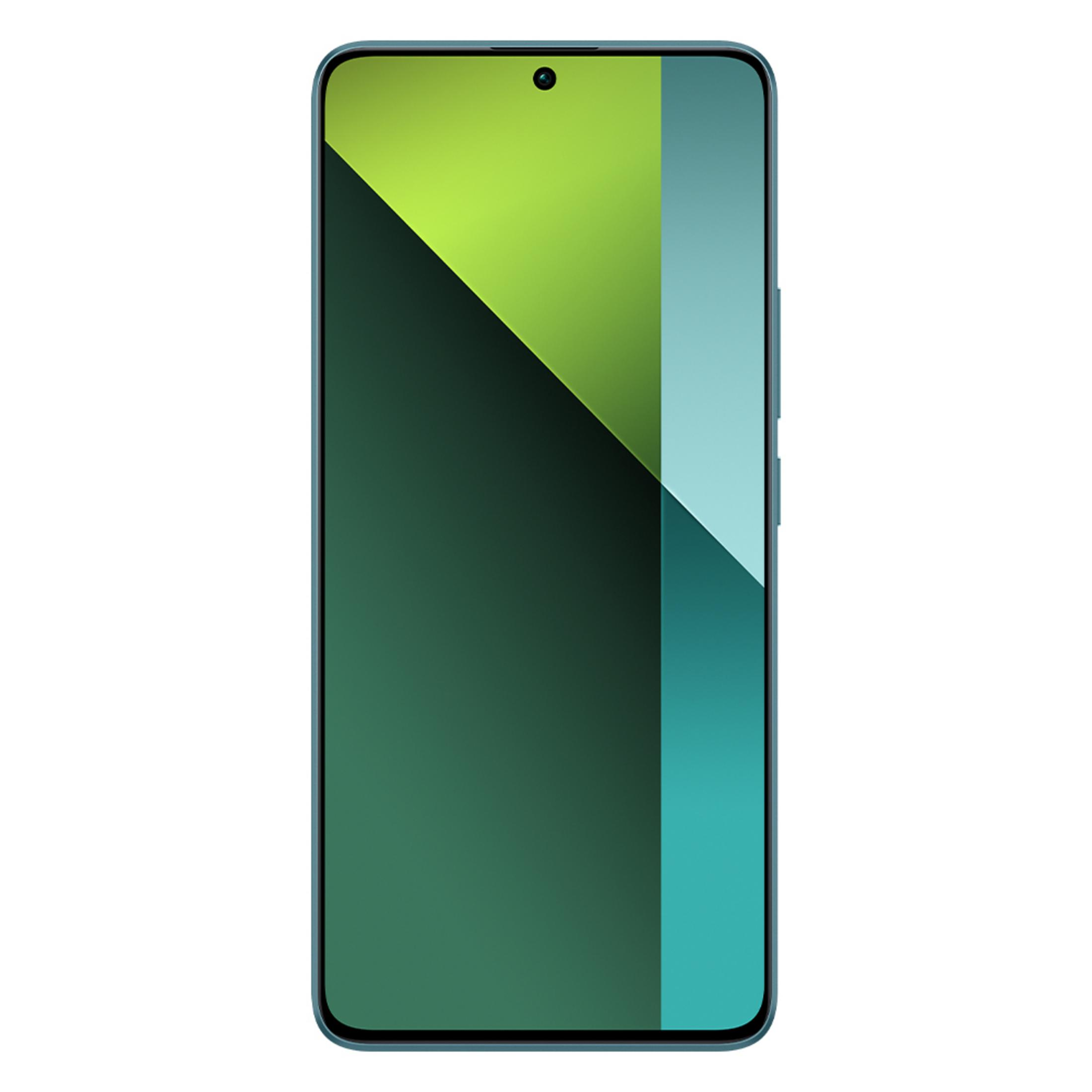 Niebieski smartfon z wyświetloną geometryczną tapetą.