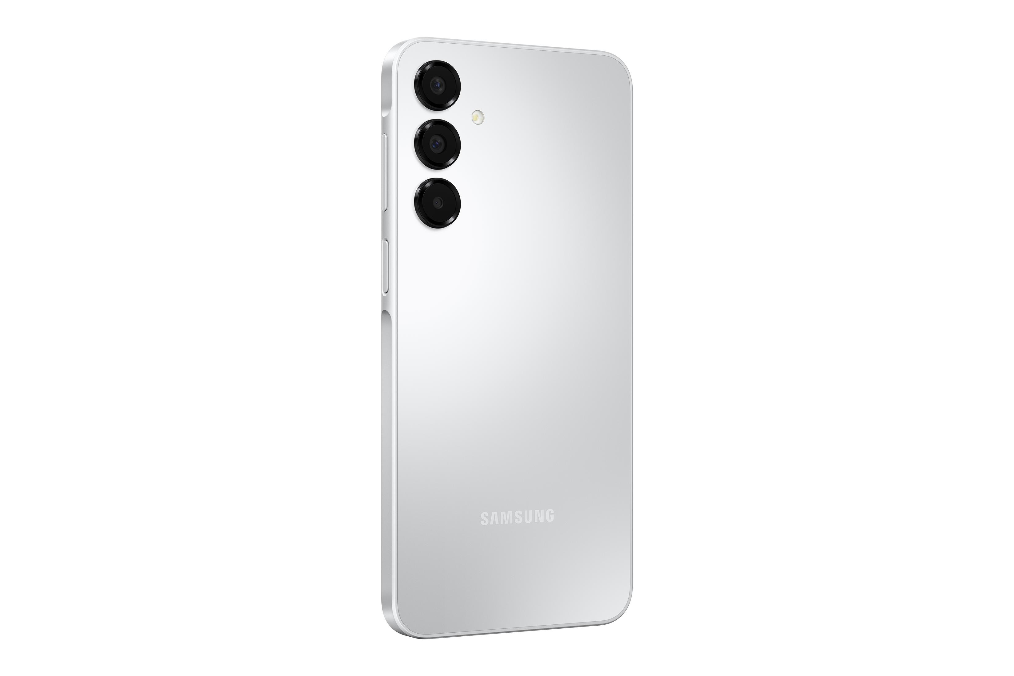 Arkada üç kamera lensi bulunan beyaz bir Samsung akıllı telefon.