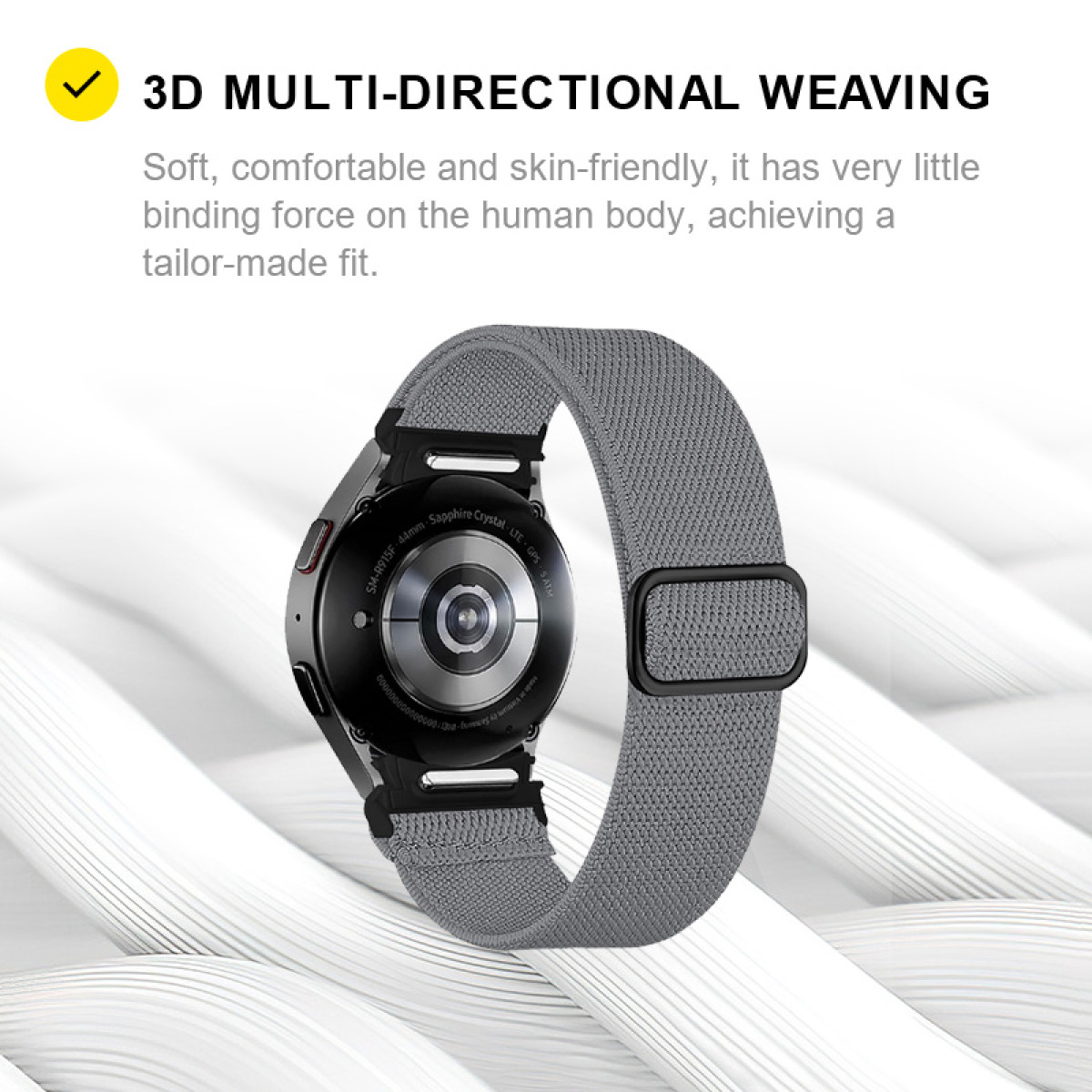 Graues Stoffarmband für eine Smartwatch mit 3D-Webtechnologie.