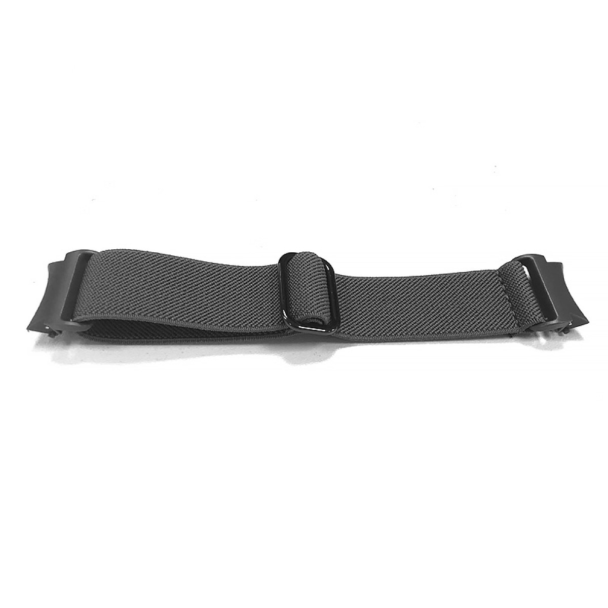 Grauer elastischer Gurt mit schwarzer Schnalle und Clips.
