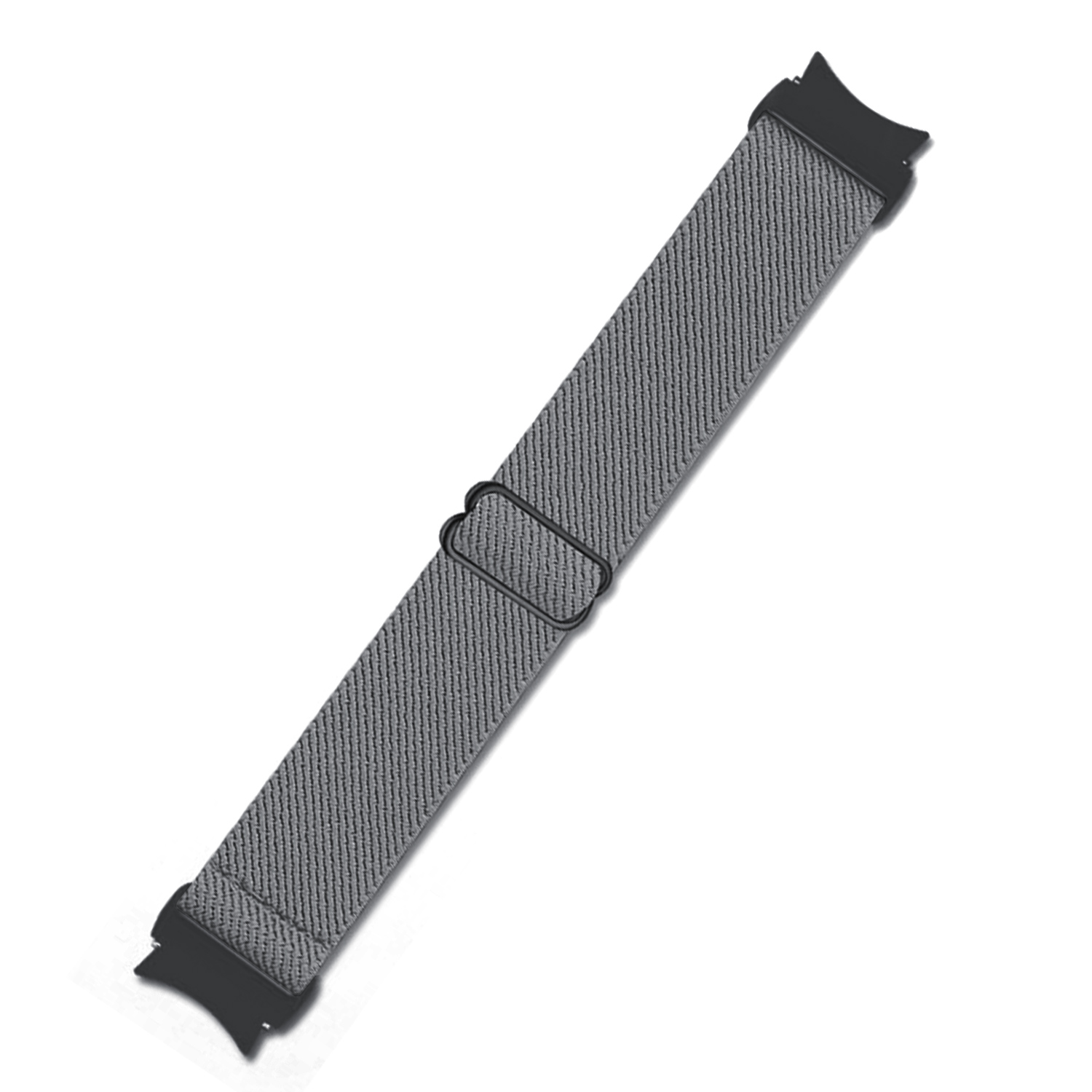Graues Stoffarmband mit schwarzen Anschlüssen und einer Metallschnalle.