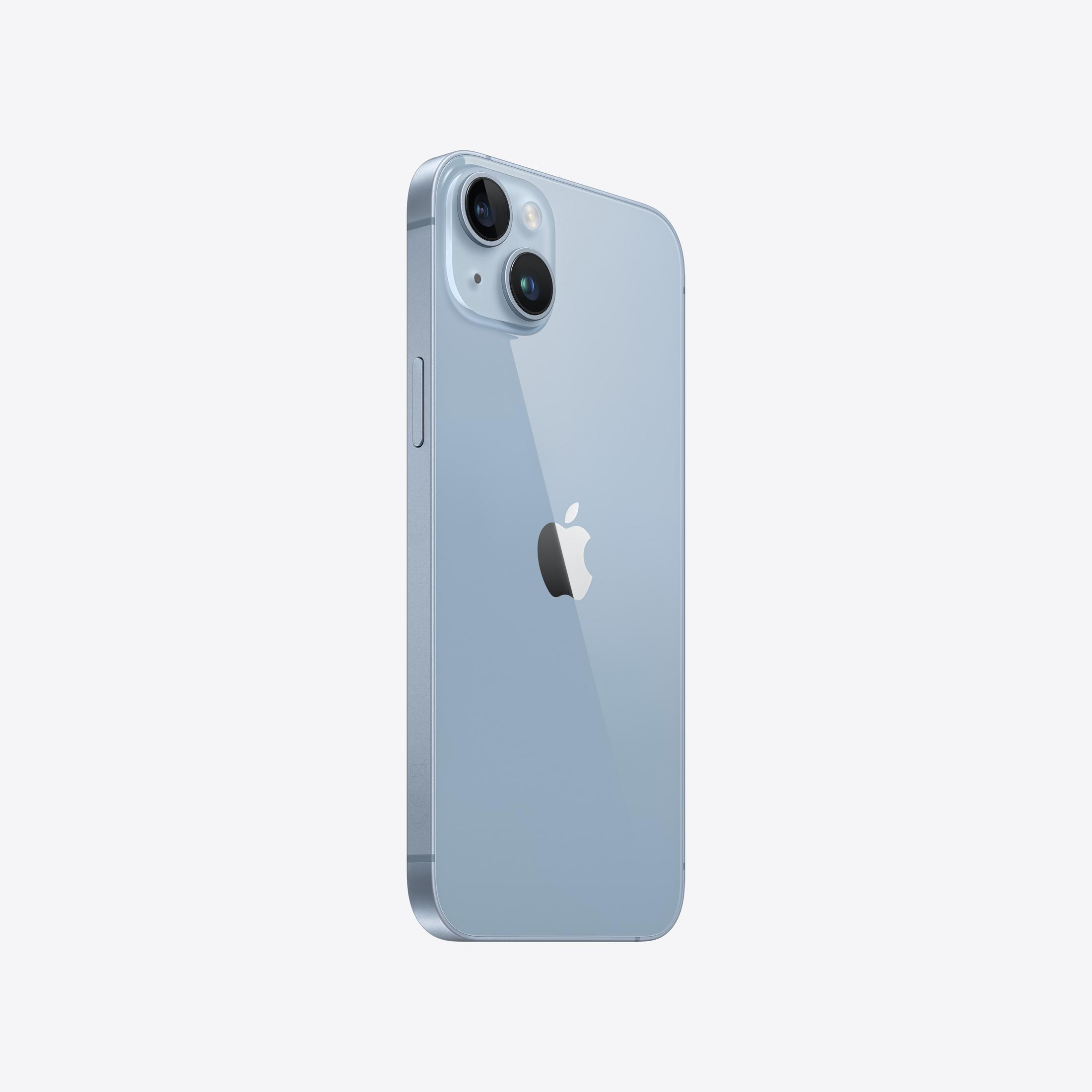 Arkada iki kamera ve Apple logosu bulunan açık mavi iPhone 14.