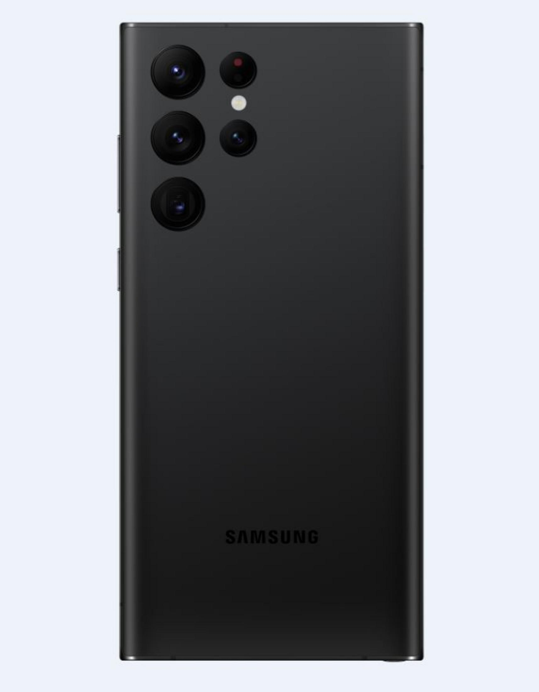 Dört kameralı siyah Samsung akıllı telefonun arkası ve Samsung logosu.