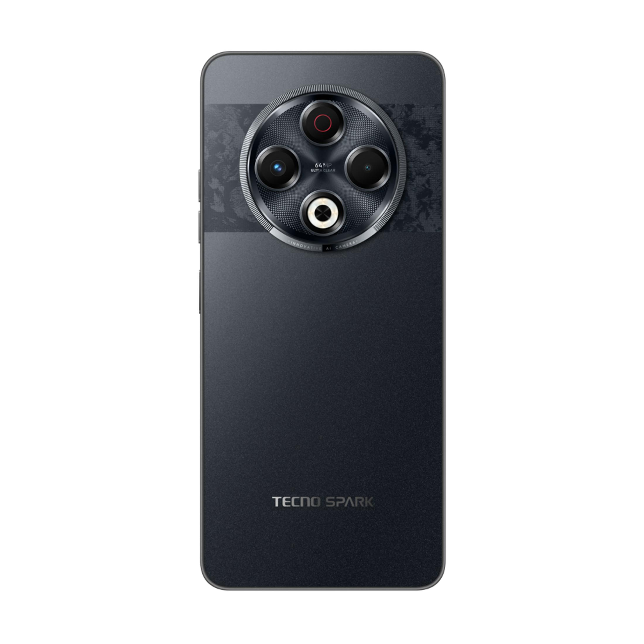 Üstte belirgin kamera modülüne sahip siyah bir Tecno Spark akıllı telefon.