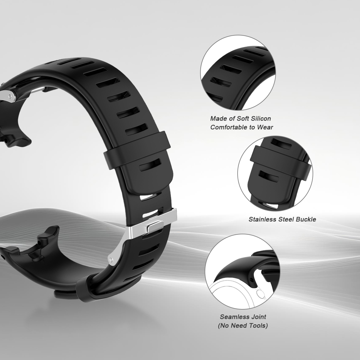 Czarny silikonowy pasek do zegarka z klamrą ze stali nierdzewnej i otworami.