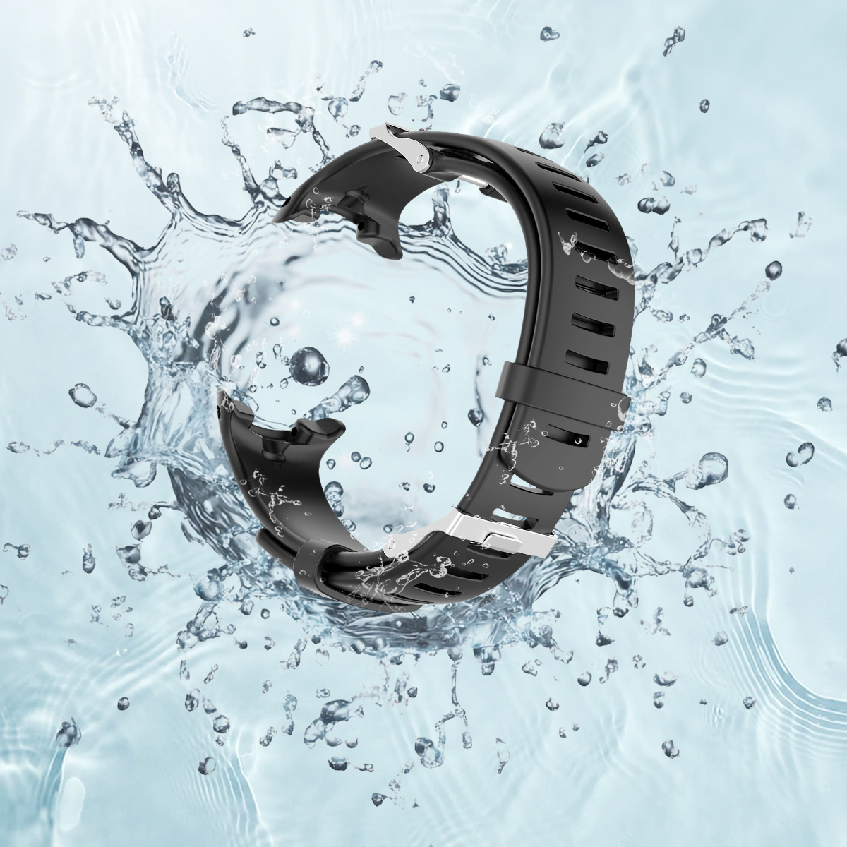 Czarny pasek do zegarka z srebrnymi akcentami rozpryskuje się w wodzie.