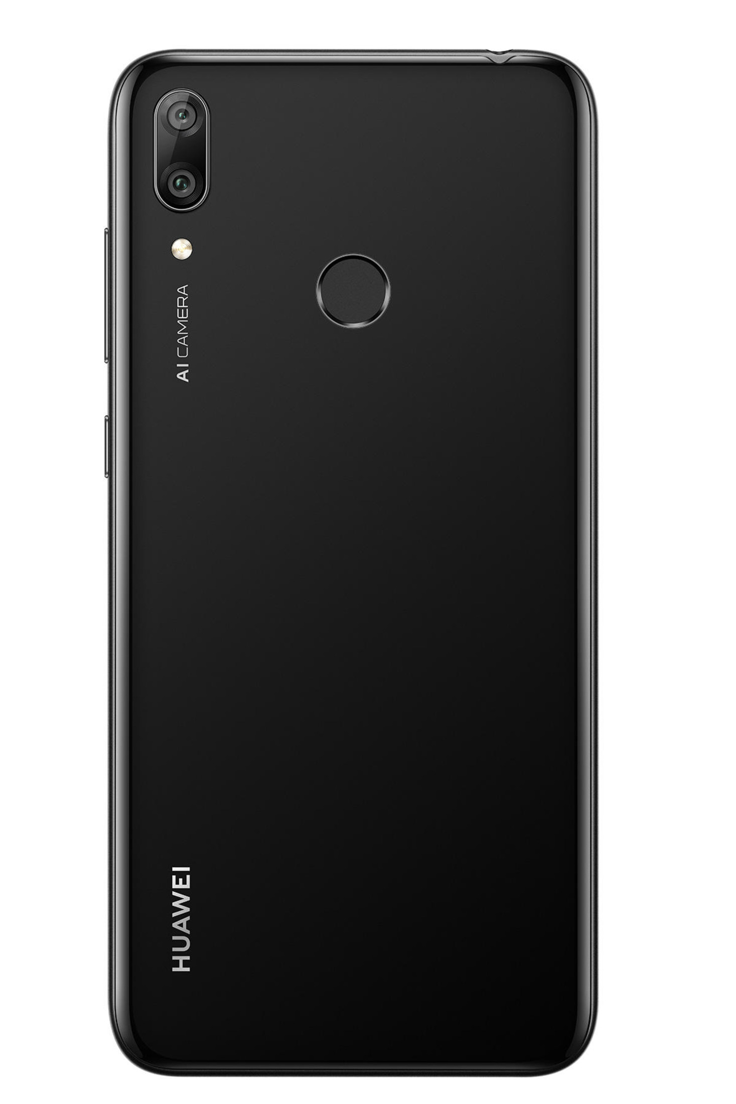 Parte trasera de un smartphone Huawei negro con doble cámara y sensor de huellas.